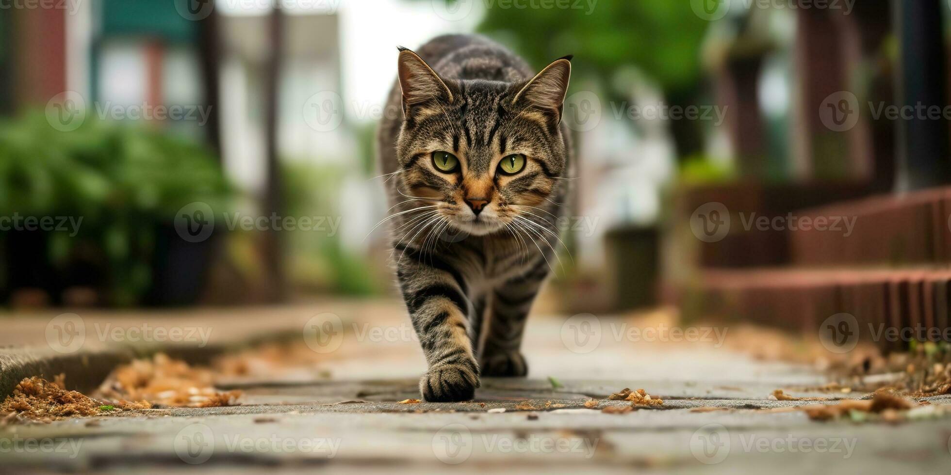 AI Generated. AI Generative. One lonely cat pet walking street city urban background. Graphic Art photo