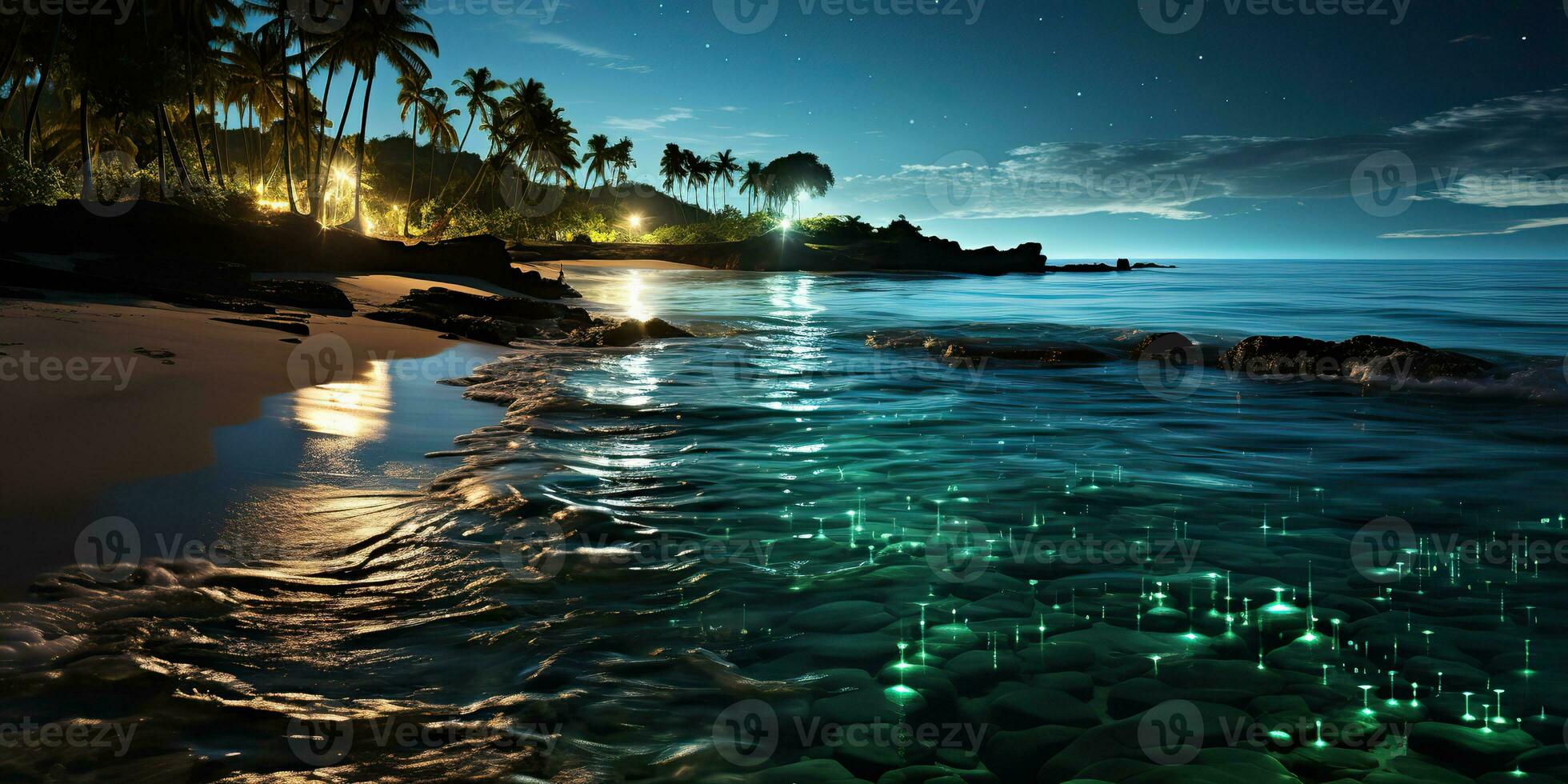 ai generado. ai generativo. noche brillante ligero brillar plancton mar Oceano antecedentes. marina náutico vacaciones isla. gráfico Arte foto