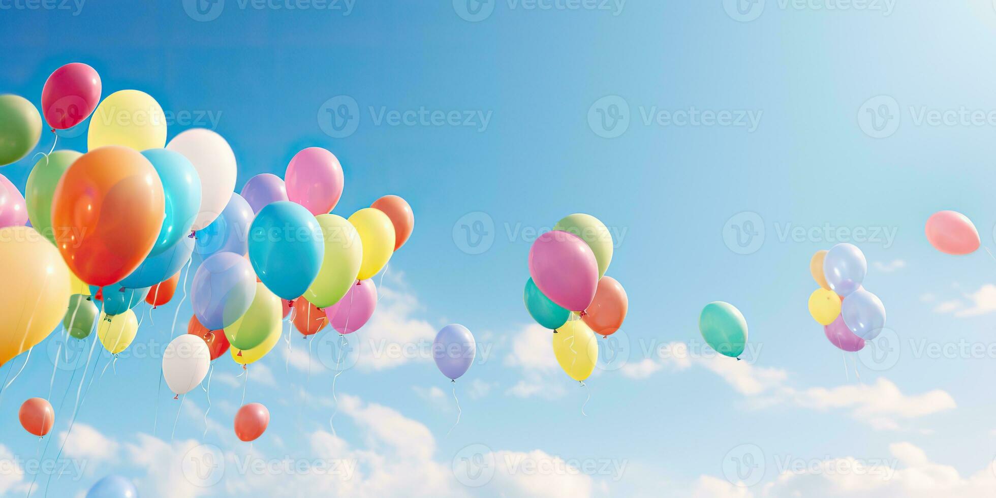 AI Generated. AI Generative. Many helium balloons balls in the blue sky flying background. Graphic Art photo