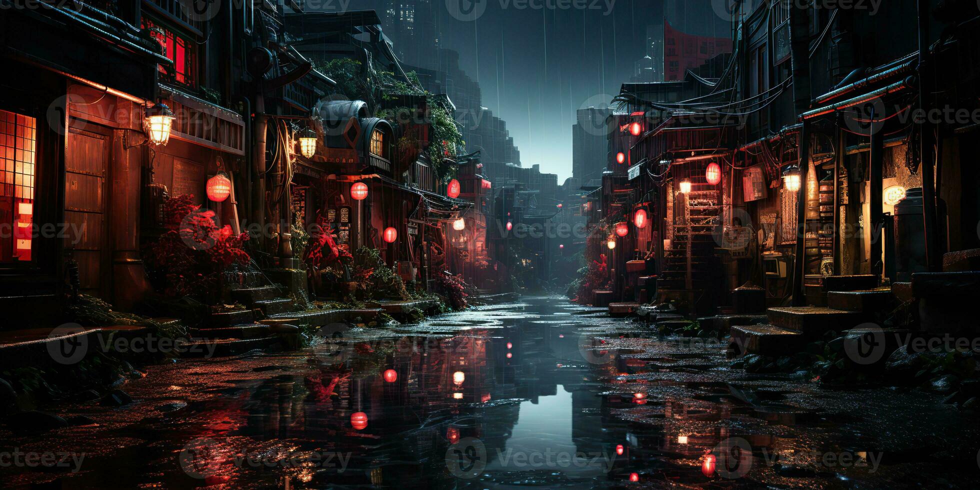 ai generado. ai generativo. tradicional japonés ciudad pueblo caminando calle noche vida en lluvia tiempo. paisaje urbano aventuras viaje explorar. gráfico Arte foto