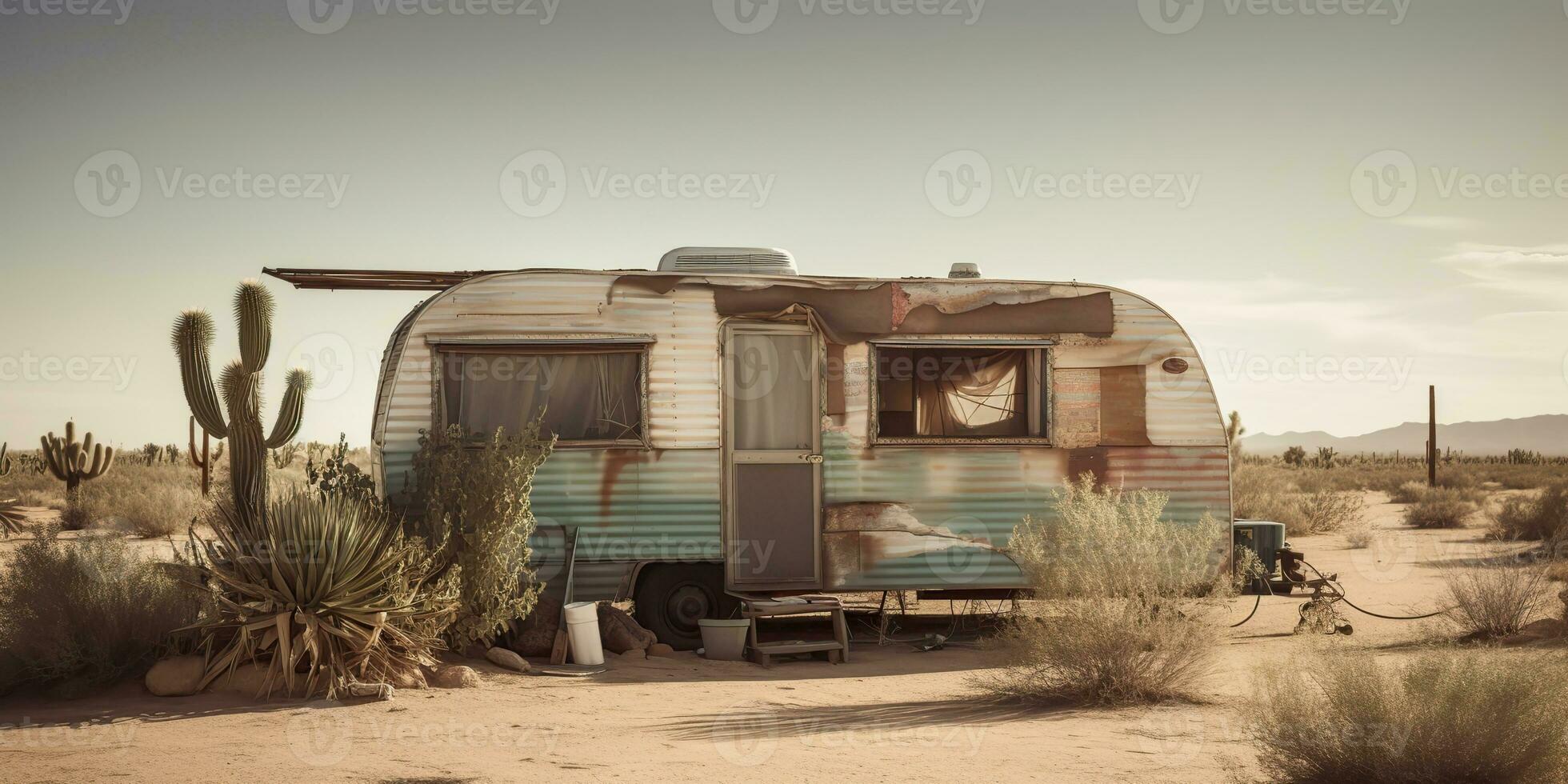 AI Generated. AI Generative. Old metal rustic abondoned vintage camper rv car house in desert. Adventure background lifestyle. Graphic Art photo