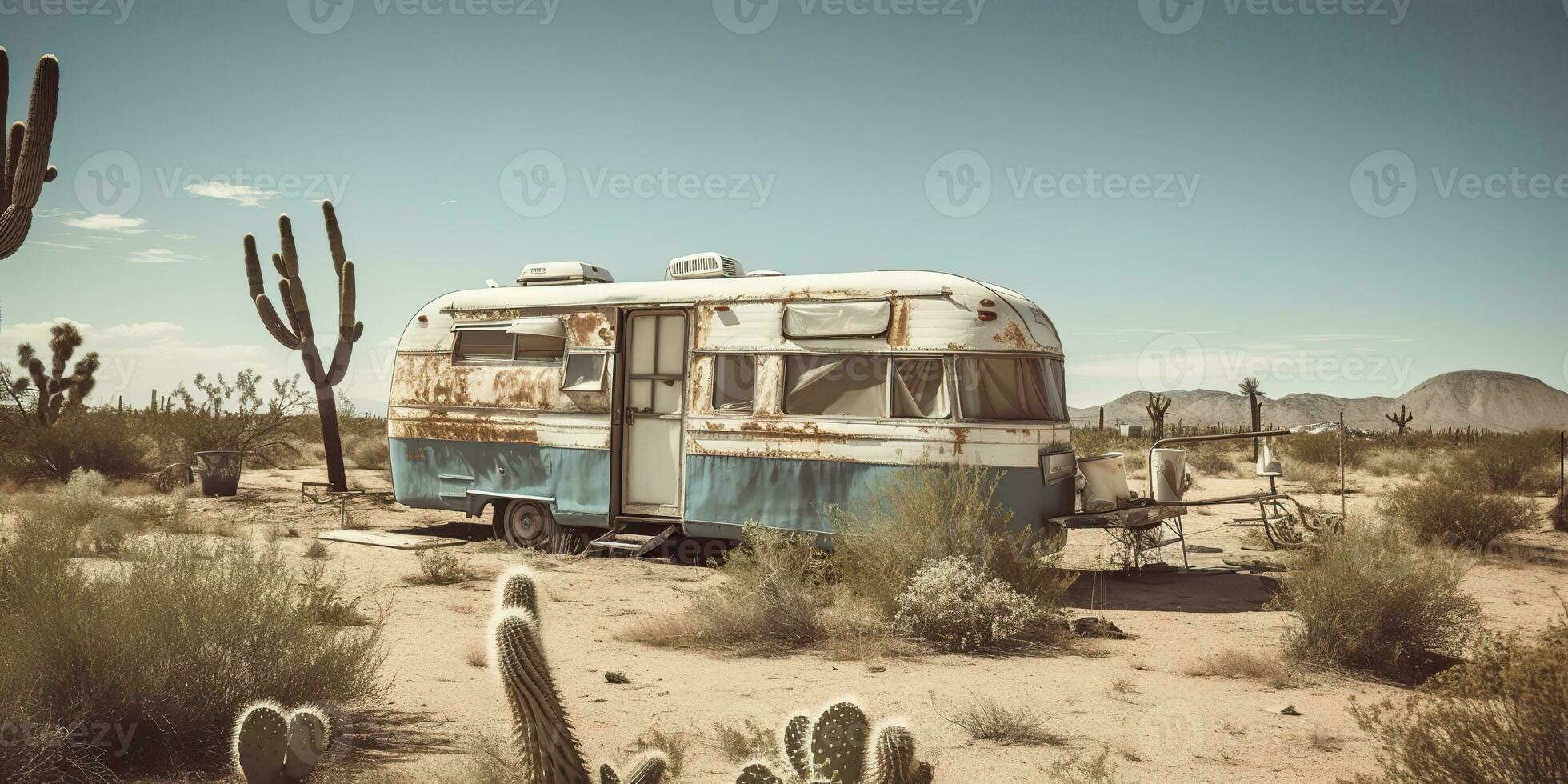 AI Generated. AI Generative. Old metal rustic abondoned vintage camper rv car house in desert. Adventure background lifestyle. Graphic Art photo