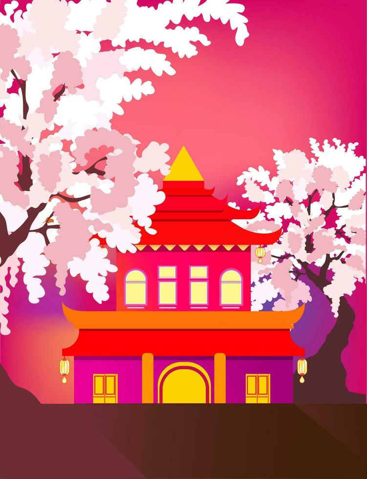 New year 2024 Vector image an oriental house, with red curved roof, Chinese pagoda near a cherry blossom tree. Buddhism, Japan and Korea. Oriental traditions, Colorful poster for the new year.