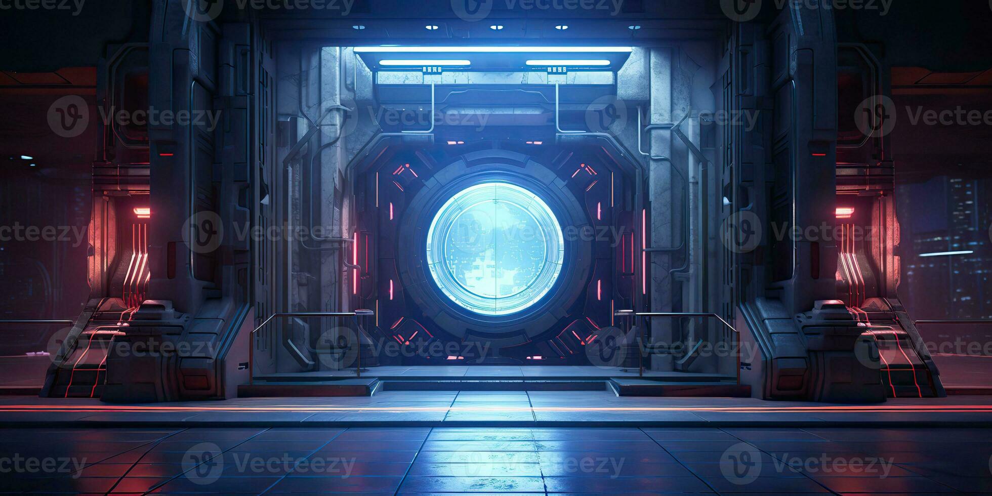 AI Generated. AI Generative. Futuristic space ship galaxy alien door gate entrance sci fi concept neon indoor architecture. Graphic Art photo