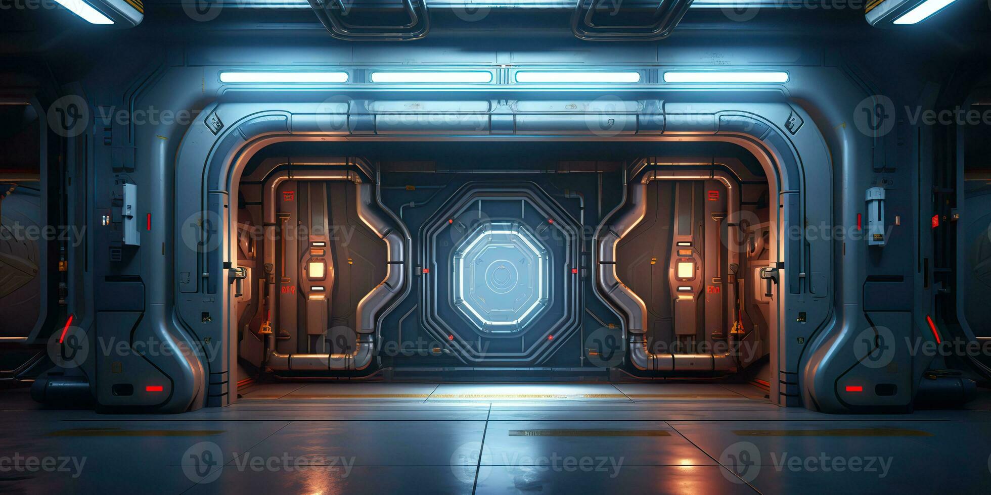 AI Generated. AI Generative. Futuristic space ship galaxy alien door gate entrance sci fi concept neon indoor architecture. Graphic Art photo