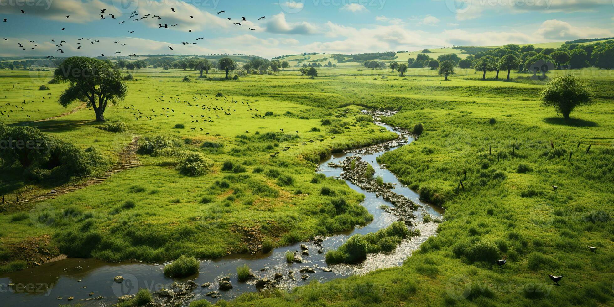 AI Generated. AI Generative. Amazing aerial drone view nature outdoor forest field meadow with river and birds in the sky.  Graphic Art photo