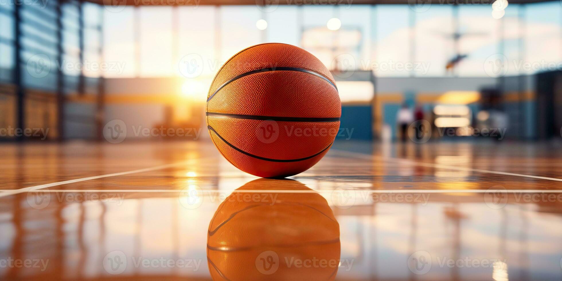 AI Generated. AI Generative. Basketball game sport arena stadium court on spotlight with basket ball on floor. Graphic Art photo