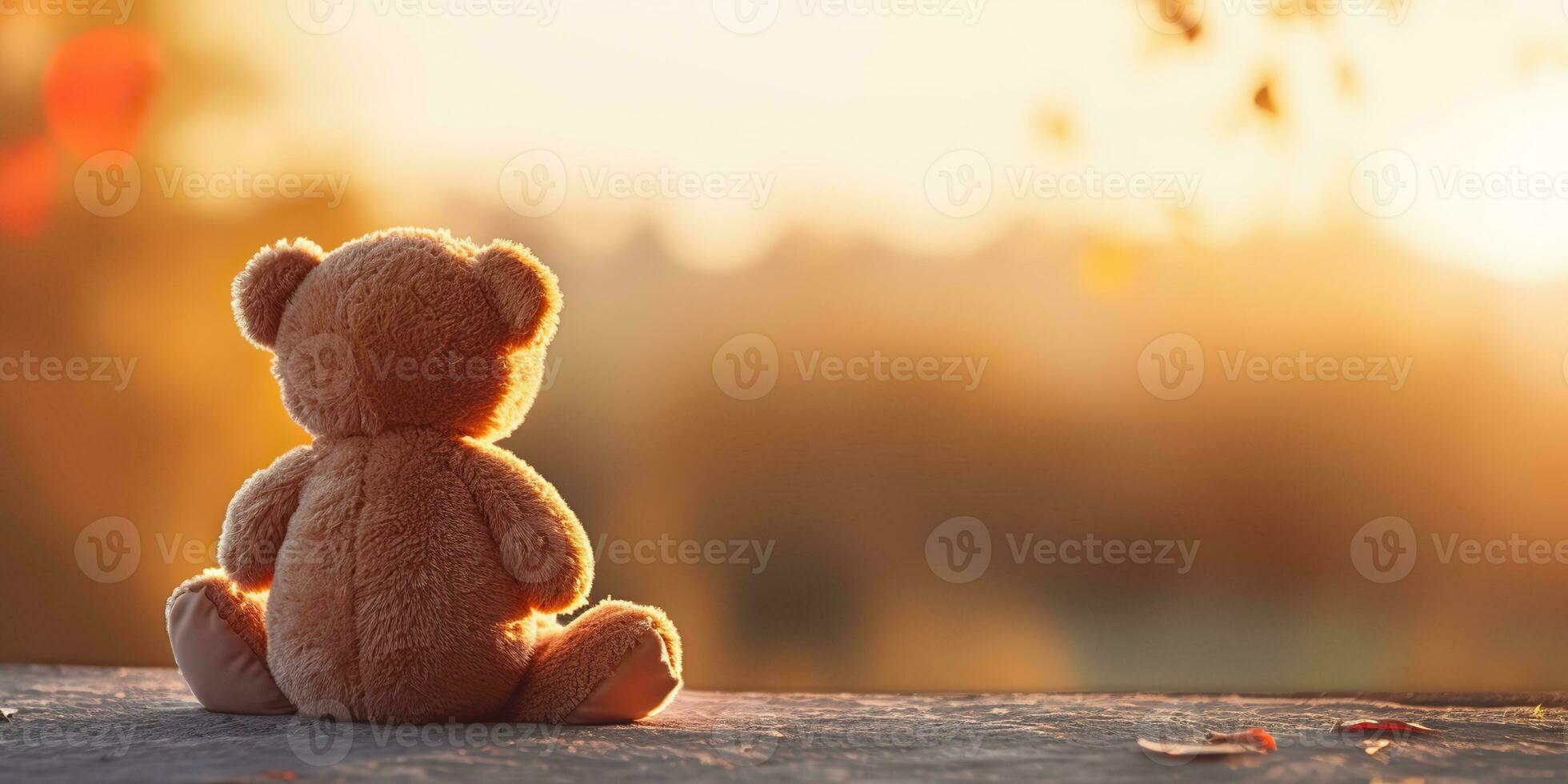 AI Generated. AI Generative. Alone missing one toy doll little bear sitting looking on sunset background landscape outdoor. Graphic Art photo