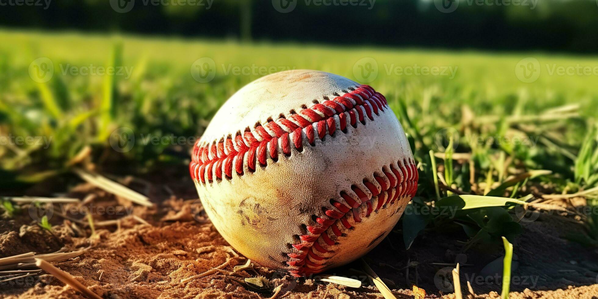 AI Generated. AI Generative. Vintage retro american traditional game sport activity baseball ball on field grass base background. Graphic Art photo