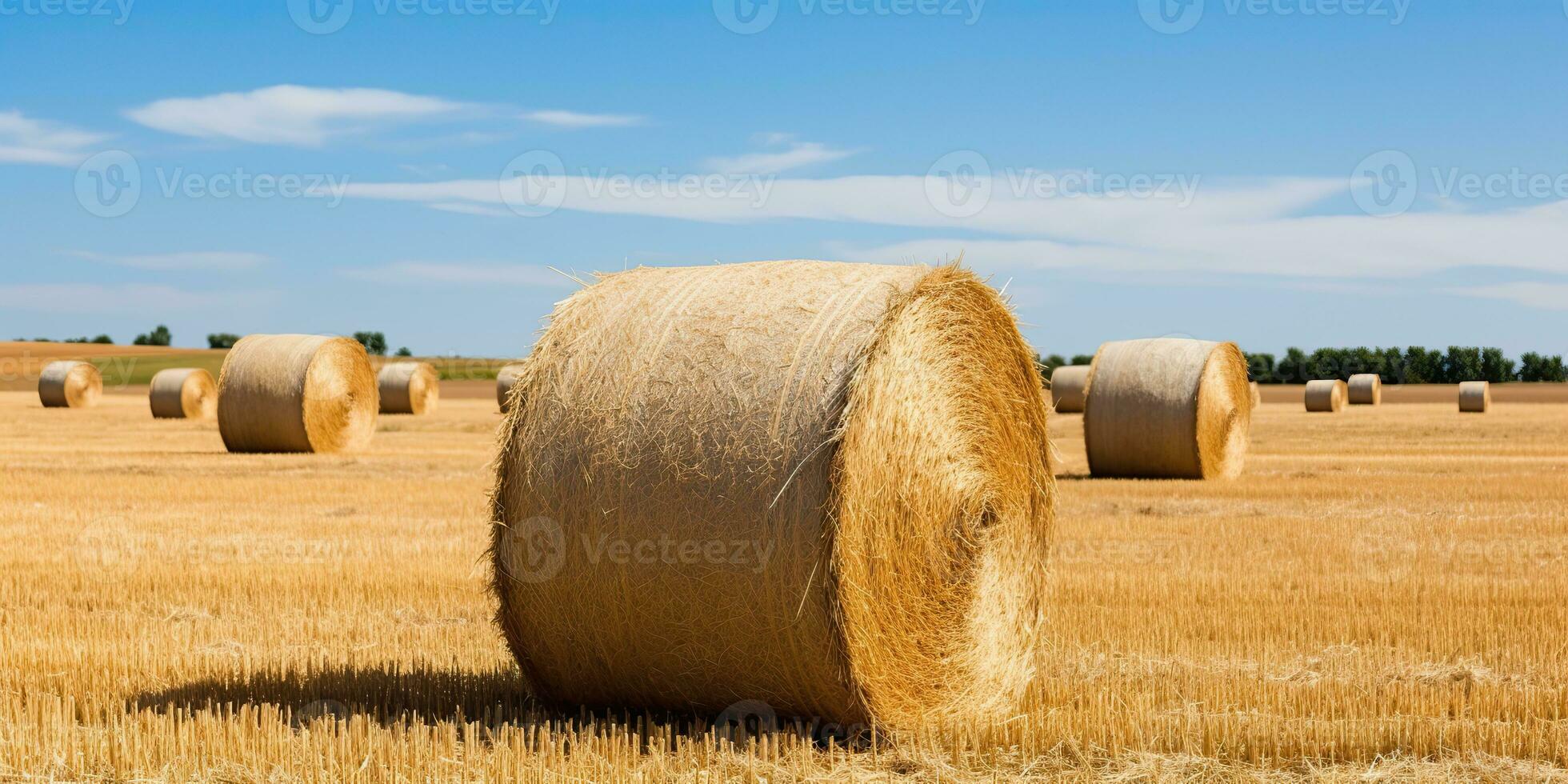 AI Generated. AI Generative. Autumn countryside harvest farming round bales stack. Outdoor nature landscape. Graphic Art photo