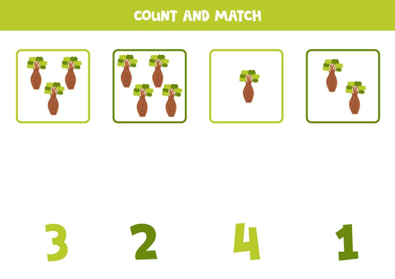 Counting game for kids. Count all bottle trees and match with numbers. Worksheet for children. vector