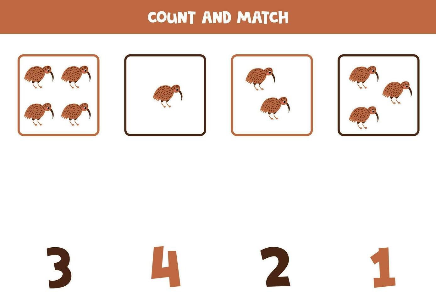 Counting game for kids. Count all kiwi birds and match with numbers. Worksheet for children. vector