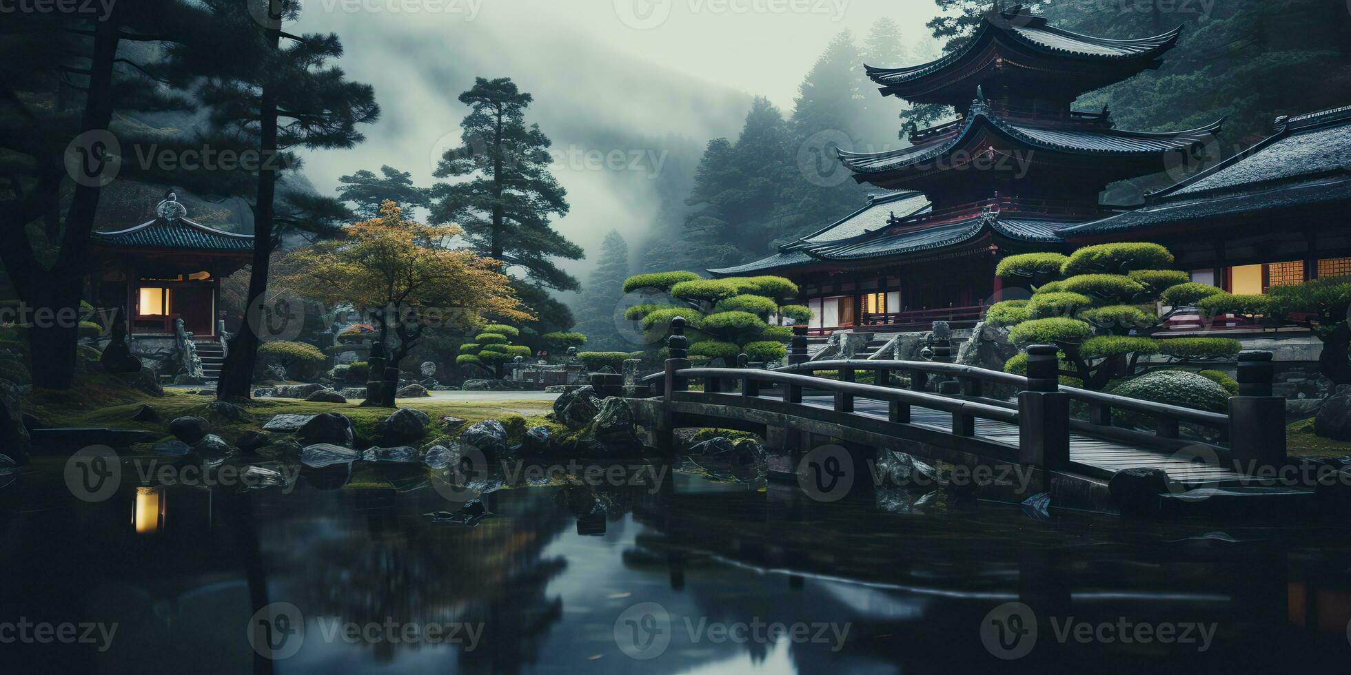 AI Generated. AI Generative. Traditional history asian Japanese Chinese temple building tower garden nature outdoor background. Graphic Art photo