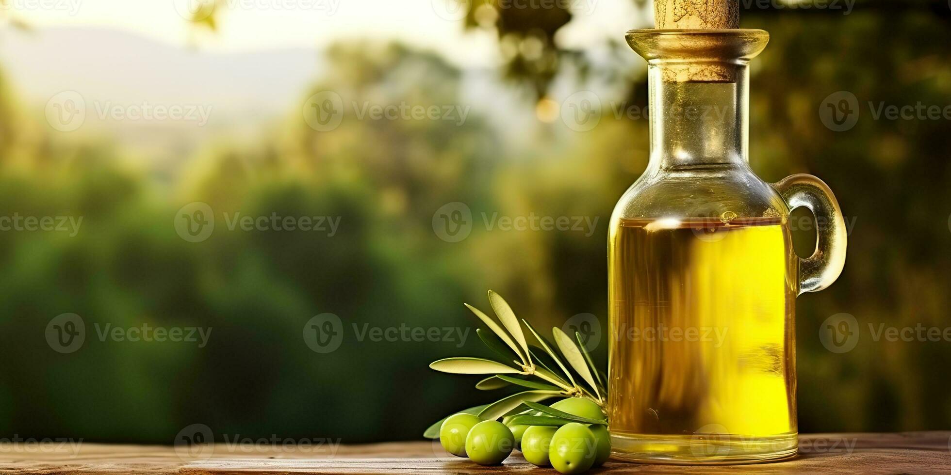 AI Generated. AI Generative. Olive oil on wooden background table nature outdoor mock up decoration. Graphic Art photo