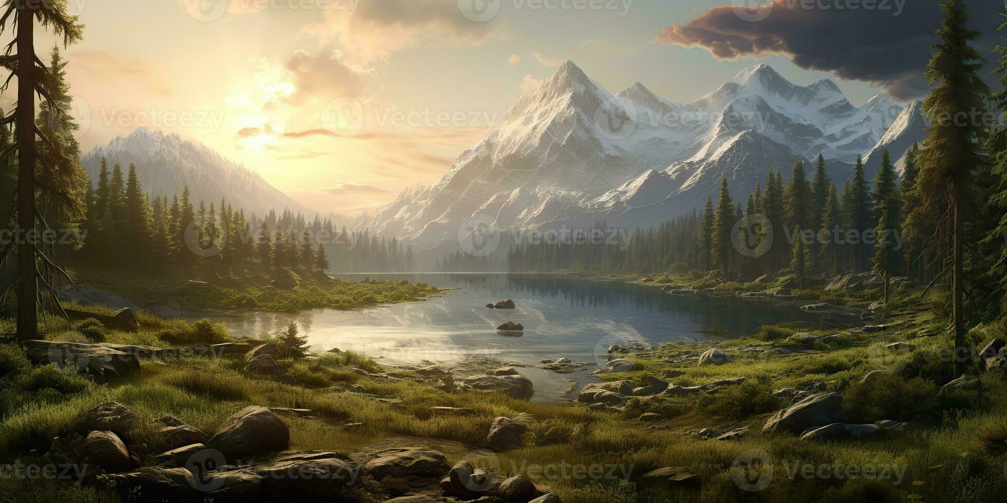 AI Generated. AI Generative. Beautiful nature outdoor landscape background. Lake river forest and mountain view. Adventure explore vibe. Graphic Art photo