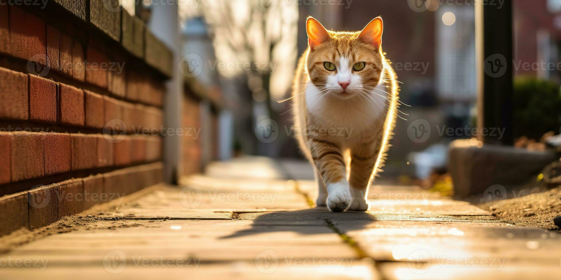 AI Generated. AI Generative. One lonely cat pet walking street city urban background. Graphic Art photo