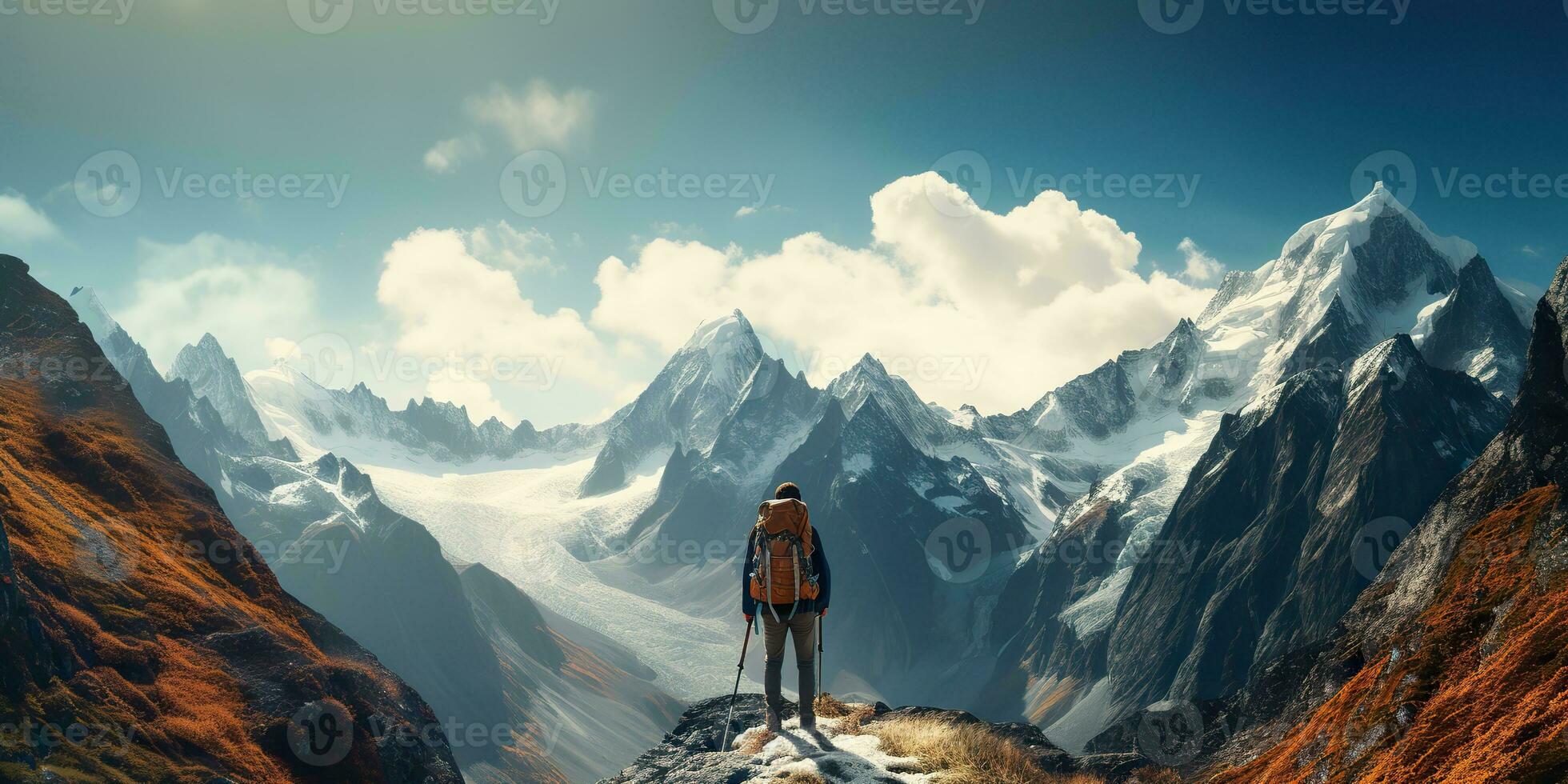 AI Generated. AI Generative. Backpacker alone man at high peak mountain adventure outdoor nature inspiration background. Graphic Art photo