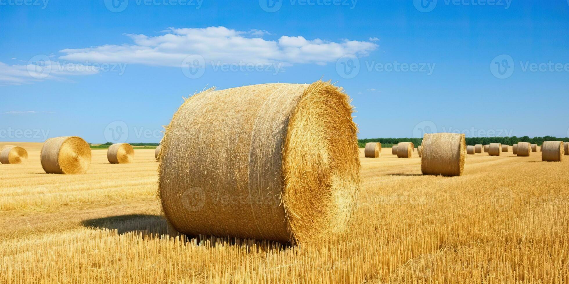 AI Generated. AI Generative. Autumn countryside harvest farming round bales stack. Outdoor nature landscape. Graphic Art photo