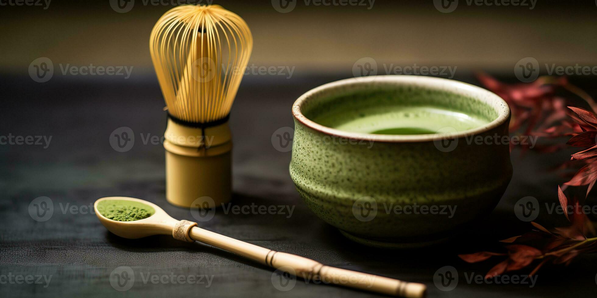 ai generado. ai generativo. tradicional japonés asiático matcha té ceremonia. bol, de madera seco orgánico cuchara polvo. gráfico Arte foto