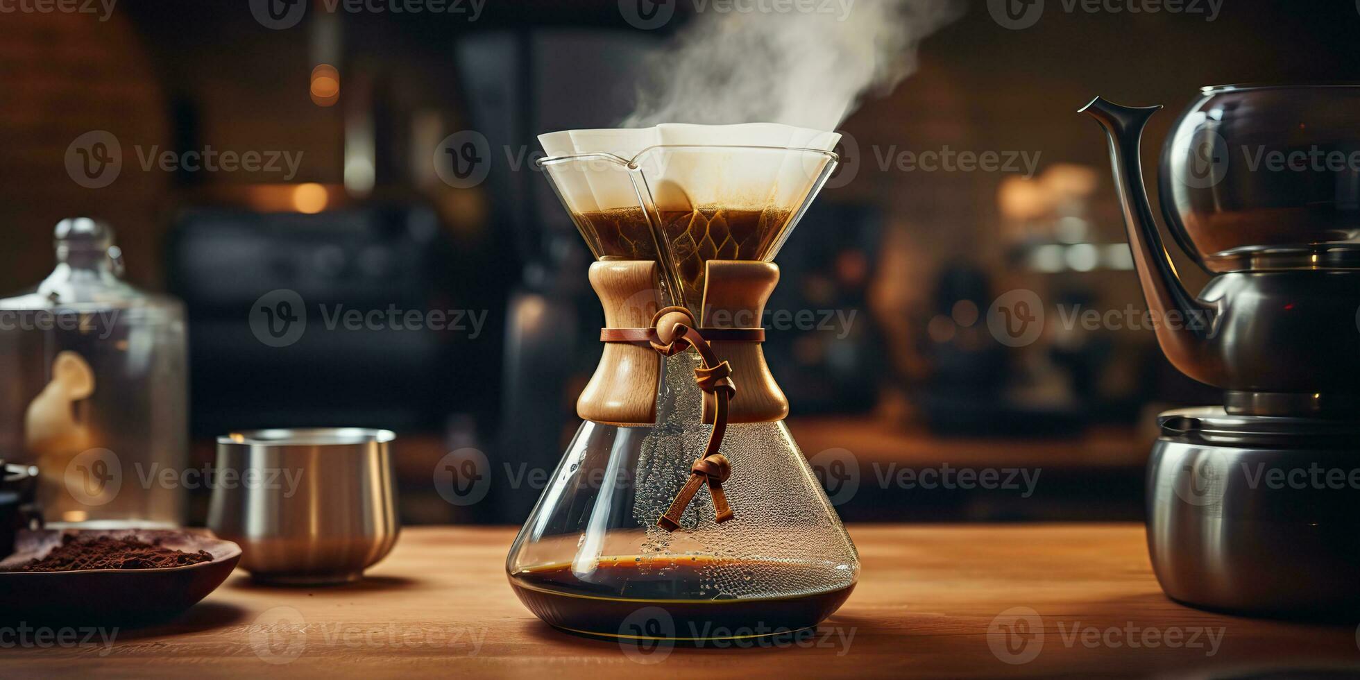 AI Generated. AI Generative. Vintage retro coffee alternative making pouring  restaurant cafe background mock up. Graphic Art photo