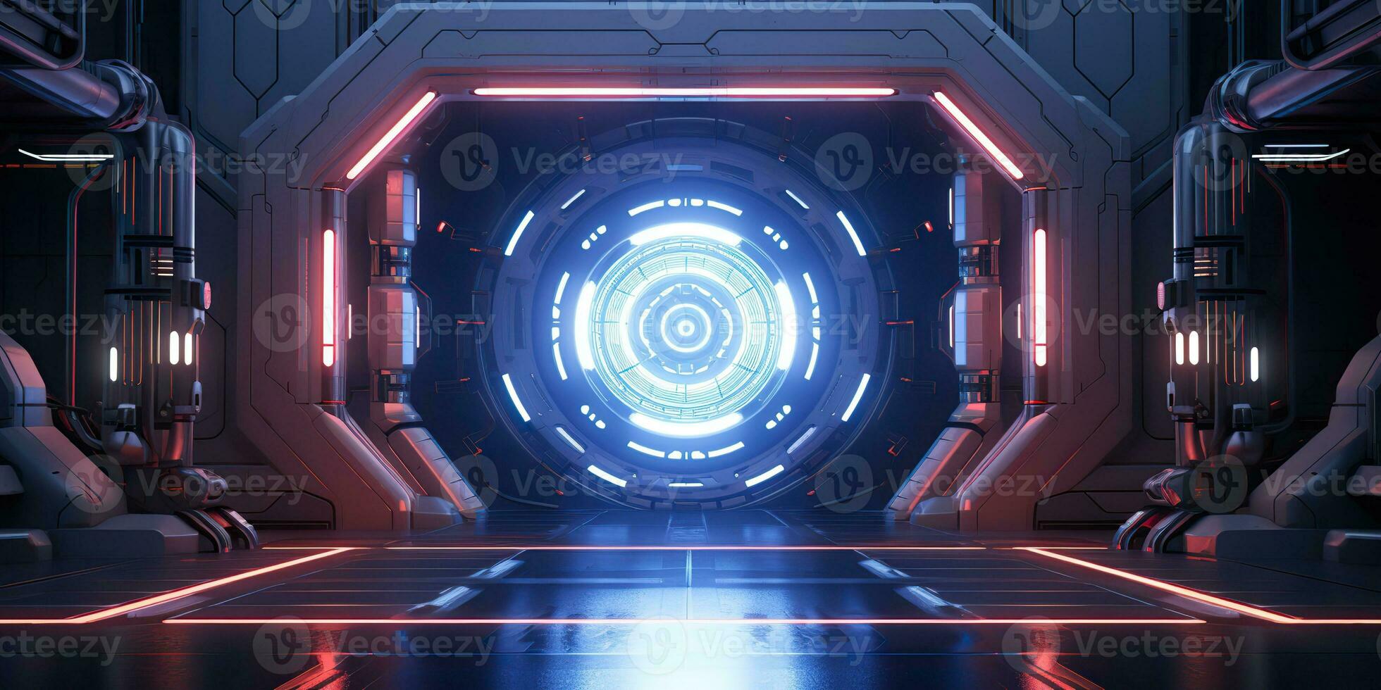 AI Generated. AI Generative. Futuristic space ship galaxy alien door gate entrance sci fi concept neon indoor architecture. Graphic Art photo