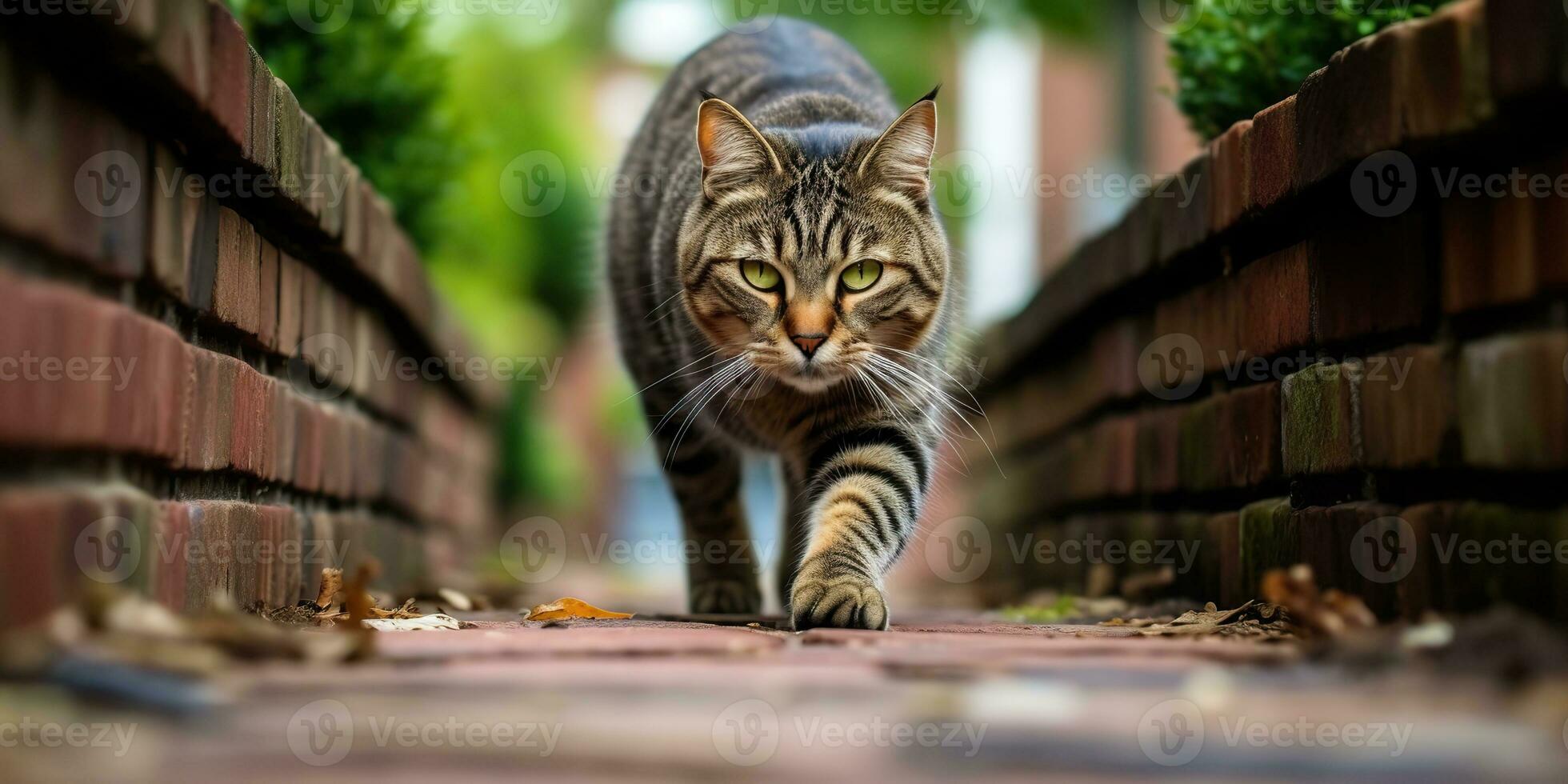 ai generado. ai generativo. uno solitario gato mascota caminando calle ciudad urbano antecedentes. gráfico Arte foto