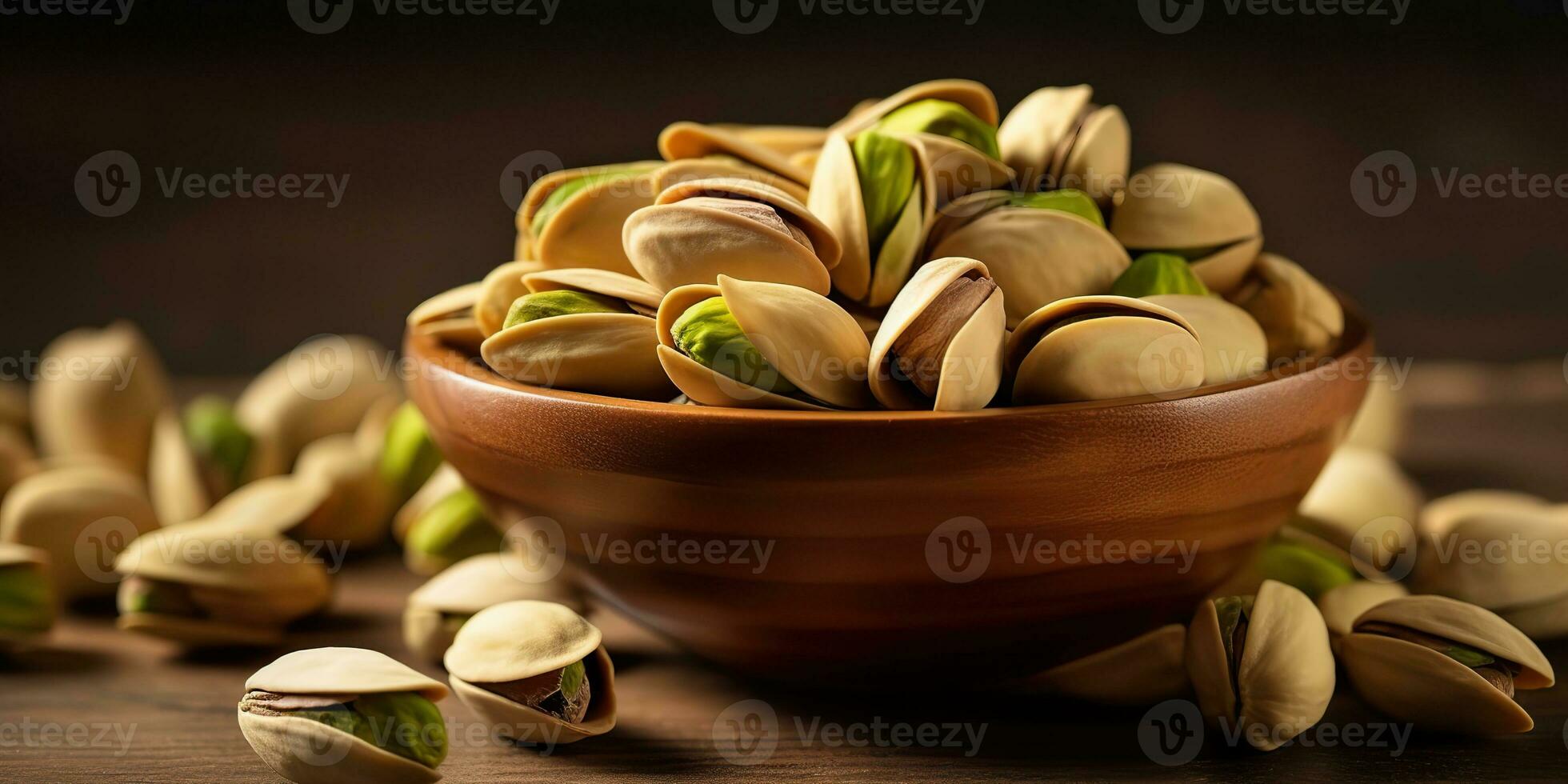 AI Generated. AI Generative. pistachio  nuts in bowl in wooden table. Healthy vegan organic food. Graphic Art photo