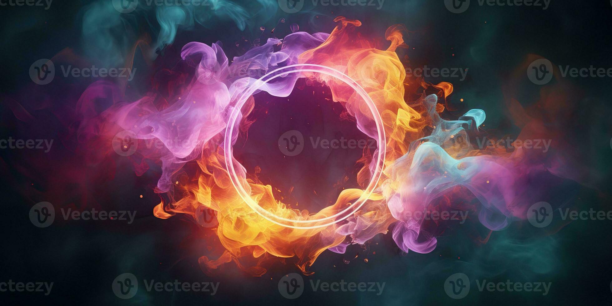 AI Generated. AI Generative. Round circle neon glowing color smoke mystic element. Graphic Art photo