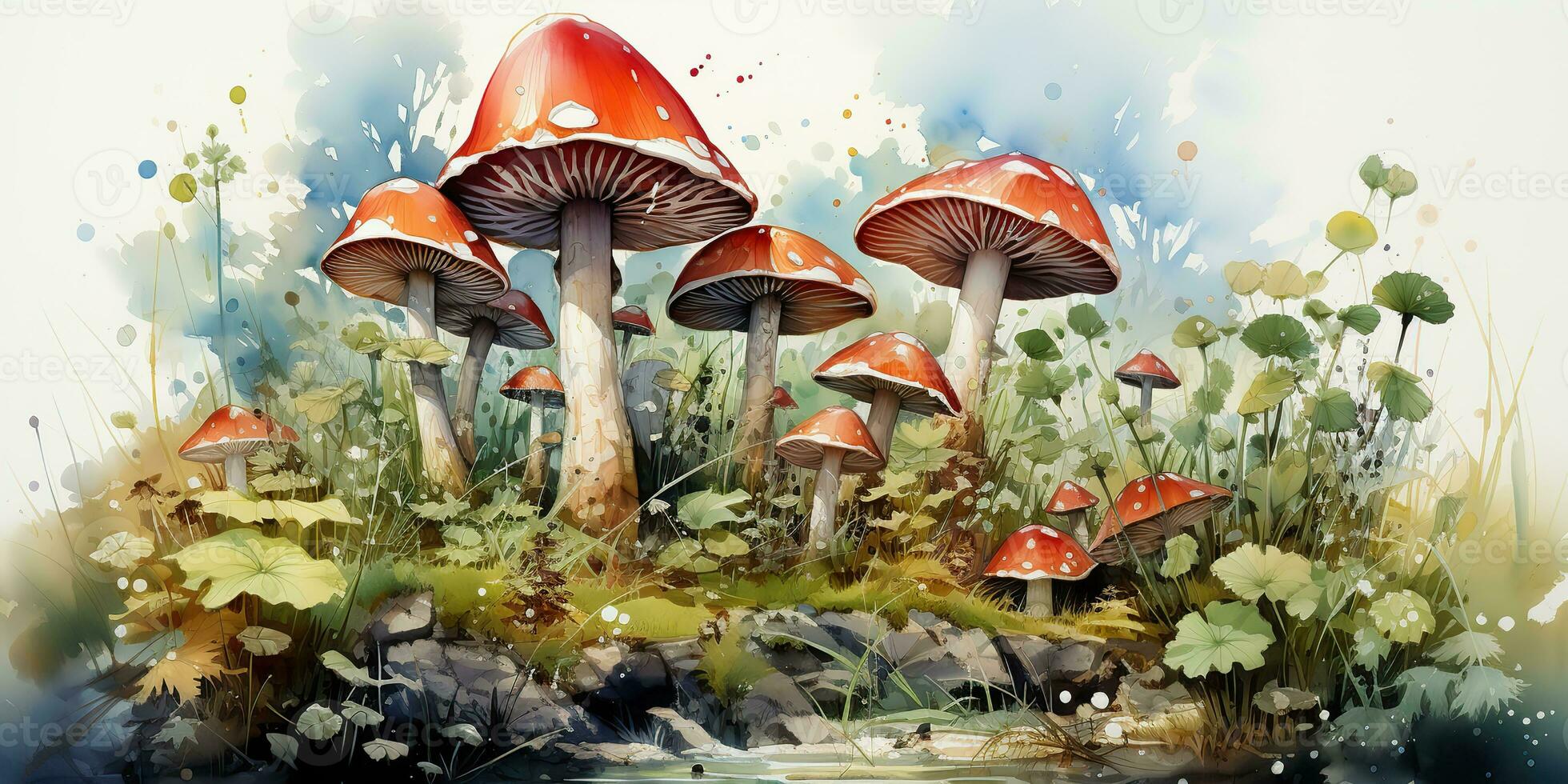 AI Generated. AI Generative. Draw paint watercolor sketch mushrooms decoration background canvas paint. Graphic Art photo