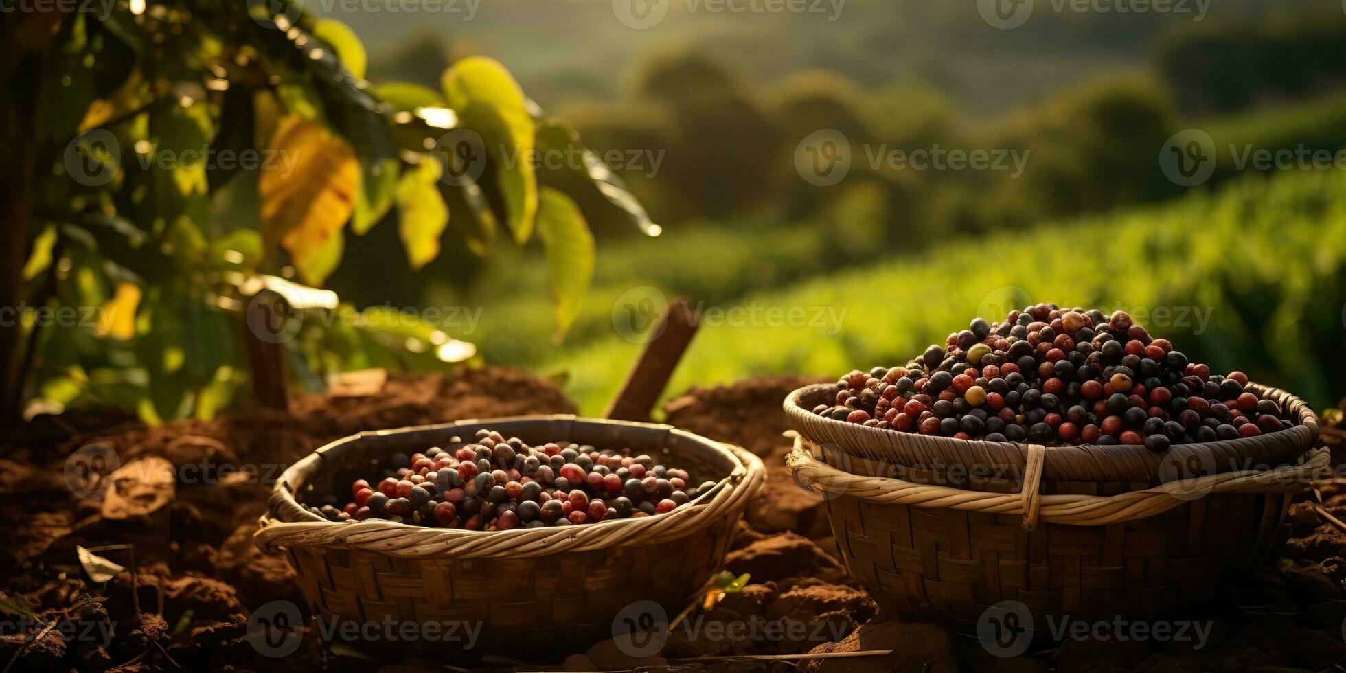 AI Generated. AI Generative. Coffee beans plantation nature outdoor landscape. Graphic Art photo