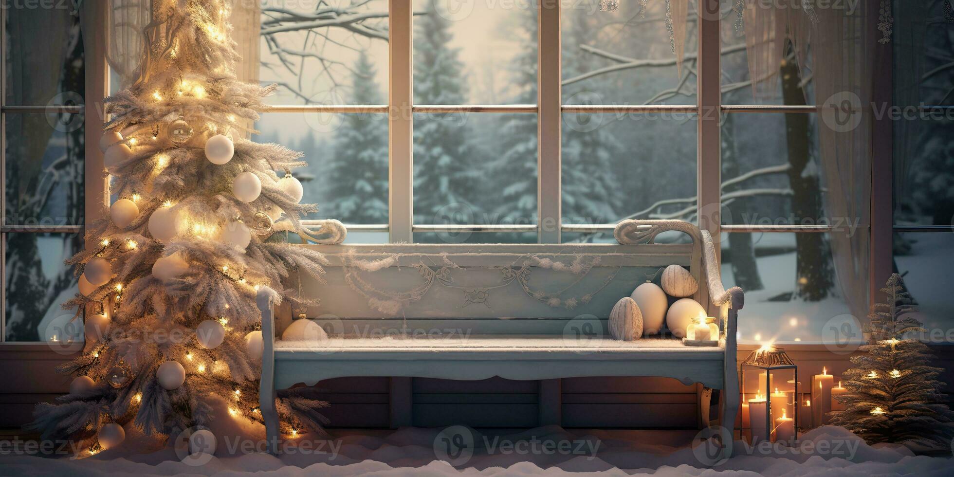 AI Generated. AI Generative. New year xmas Merry Christmas outdoor home house decoration window front celebrate snow winter december season. Graphic Art photo