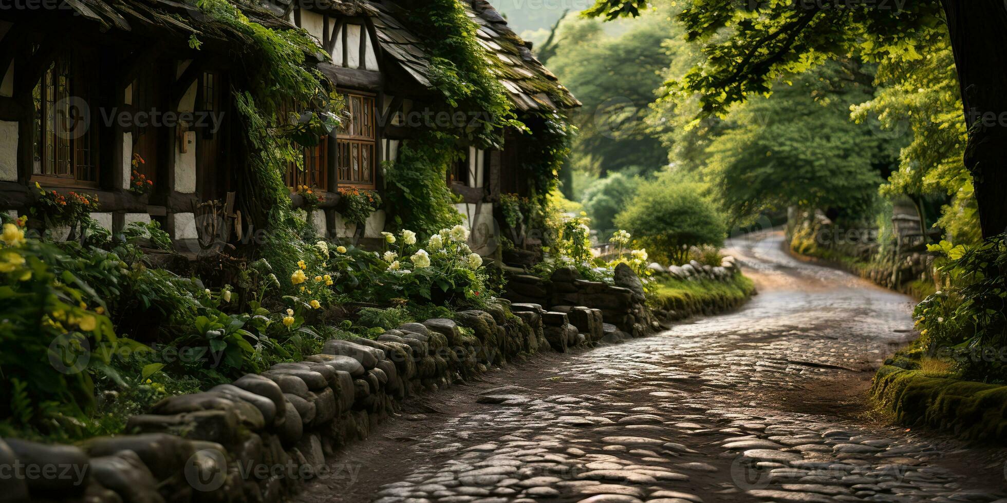 AI Generated. AI Generative. City town street walking plant flowers historical center. Adventure vacation travel background. Graphic Art photo