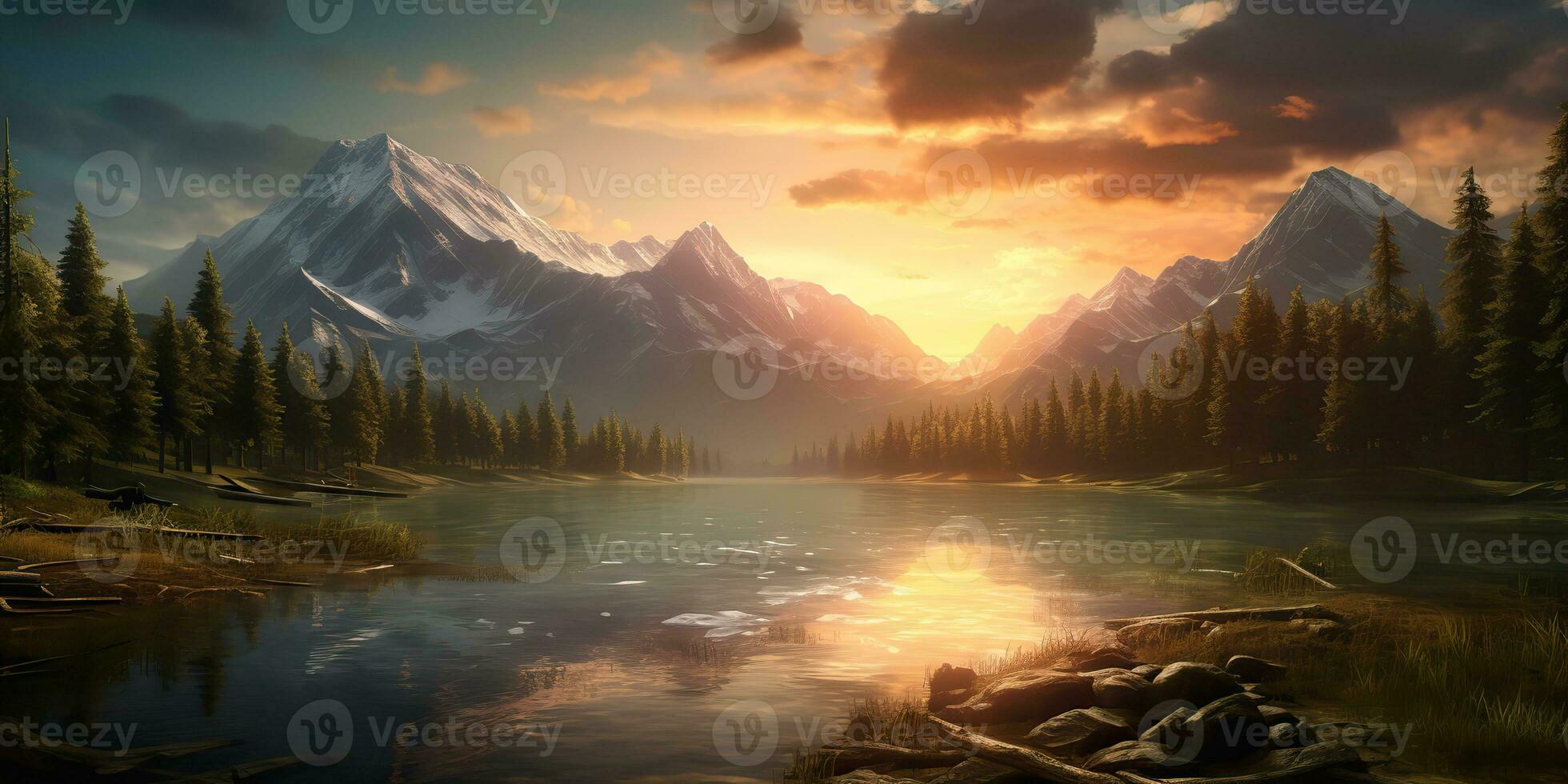 AI Generated. AI Generative. Beautiful nature outdoor landscape background. Lake river forest and mountain view. Adventure explore vibe. Graphic Art photo