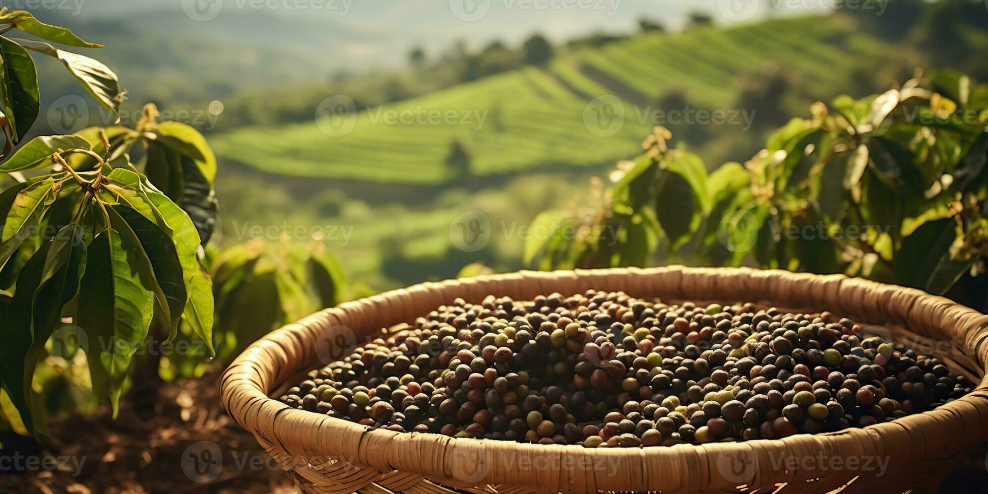 AI Generated. AI Generative. Coffee beans plantation nature outdoor landscape. Graphic Art photo