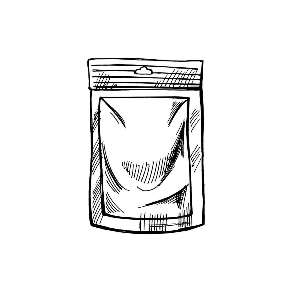 Hand-drawn sketch of paper zip package. Realistic isolated pack illustration. Vector illustration. Eco concept.