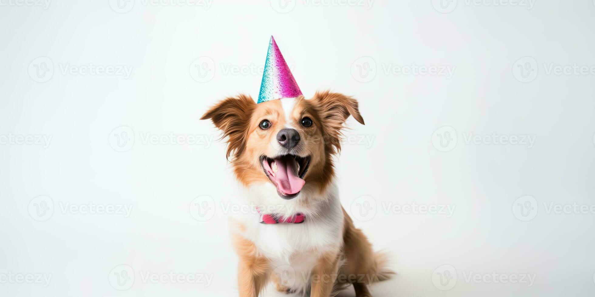 ai generado. ai generativo. linda gracioso perro mascota en cumpleaños fiesta sombrero celebracion. gráfico Arte foto