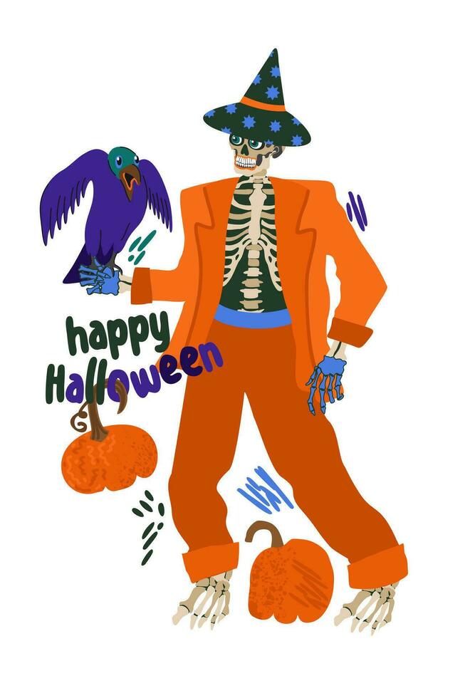 Happy Halloween. Holiday concept. Skeleton in bright orange costume with raven and pumpkins. Vector isolated illustration with lettering