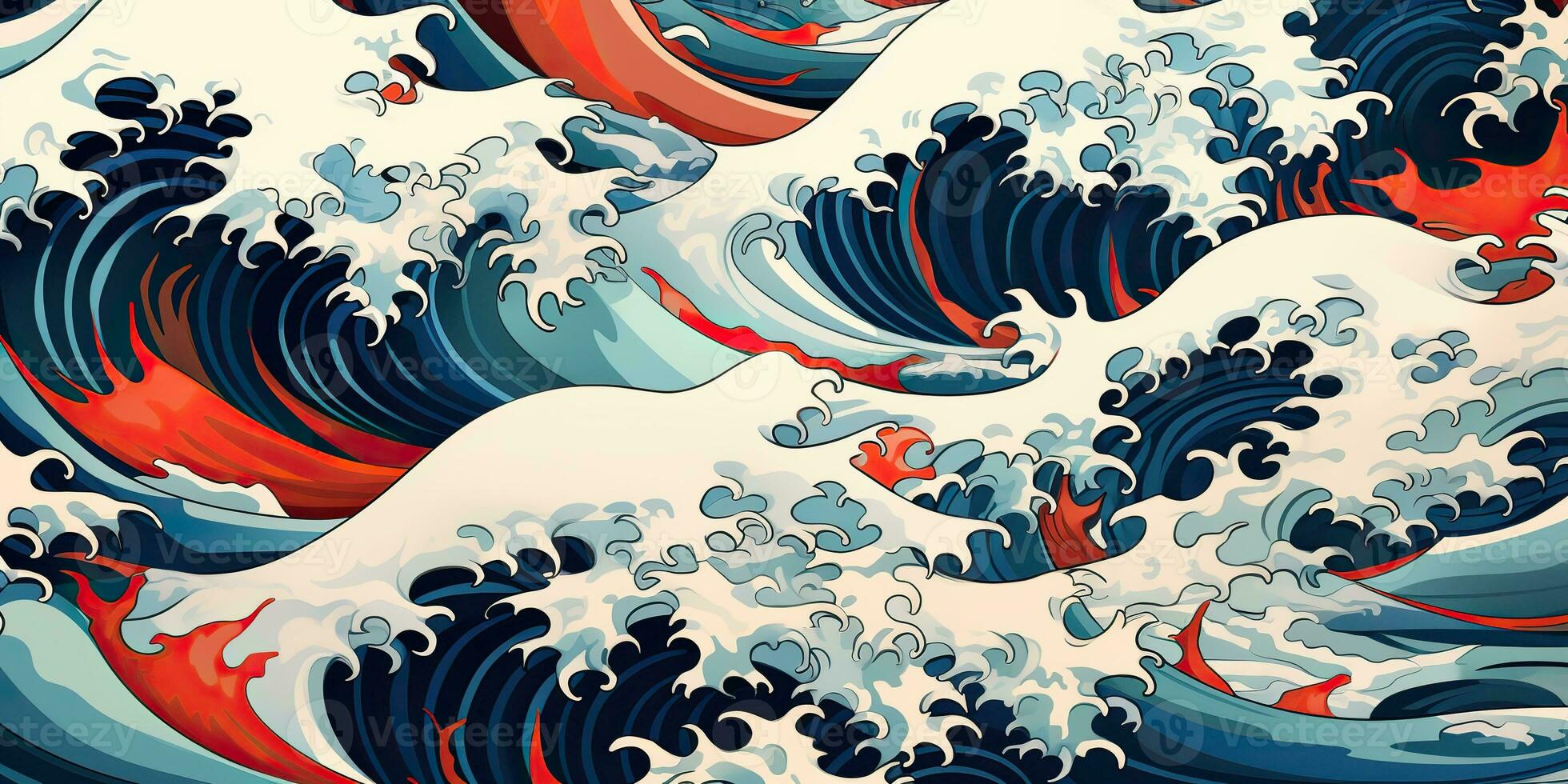 AI Generated. AI Generative.Vintage retro old style drawn paint sea ocean river water waves in minimal Japanese style. Marine and nautical  illustration. Graphic Art photo