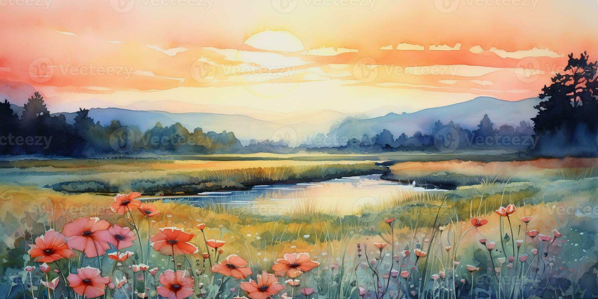 AI Generated. AI Generative. Watercolor ink drawing painting field meadow sun nature outdoor landscape background. Graphic Art photo