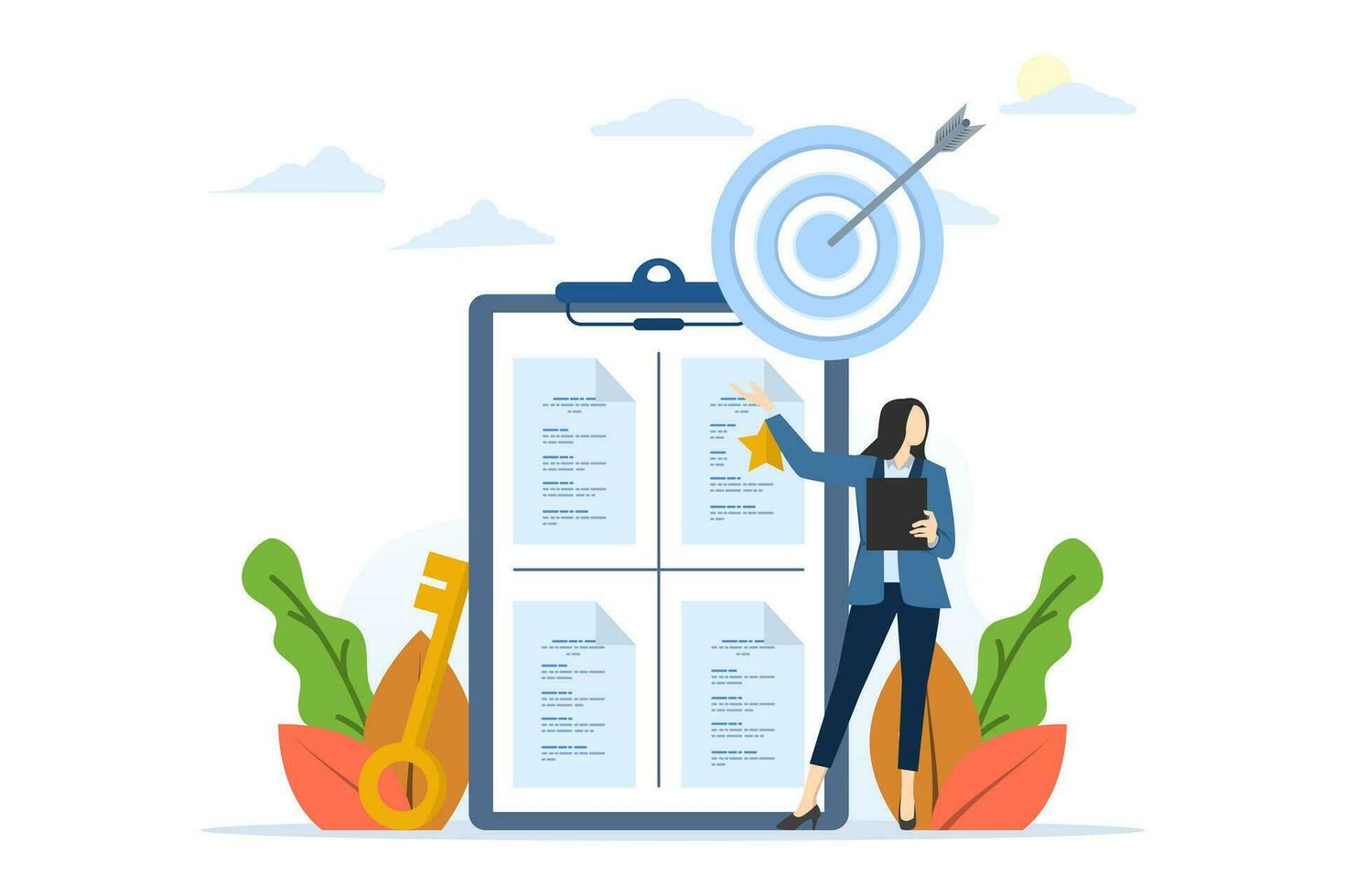 performance management concept. Character sets goals and objectives for professional development, personal improvement and growth. Objective key results concept. Flat vector illustration.