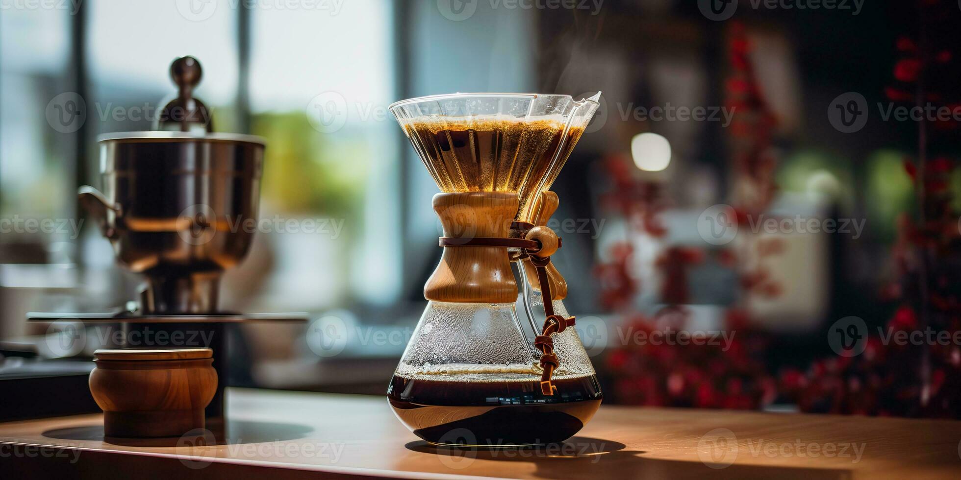 AI Generated. AI Generative. Vintage retro coffee alternative making pouring  restaurant cafe background mock up. Graphic Art photo