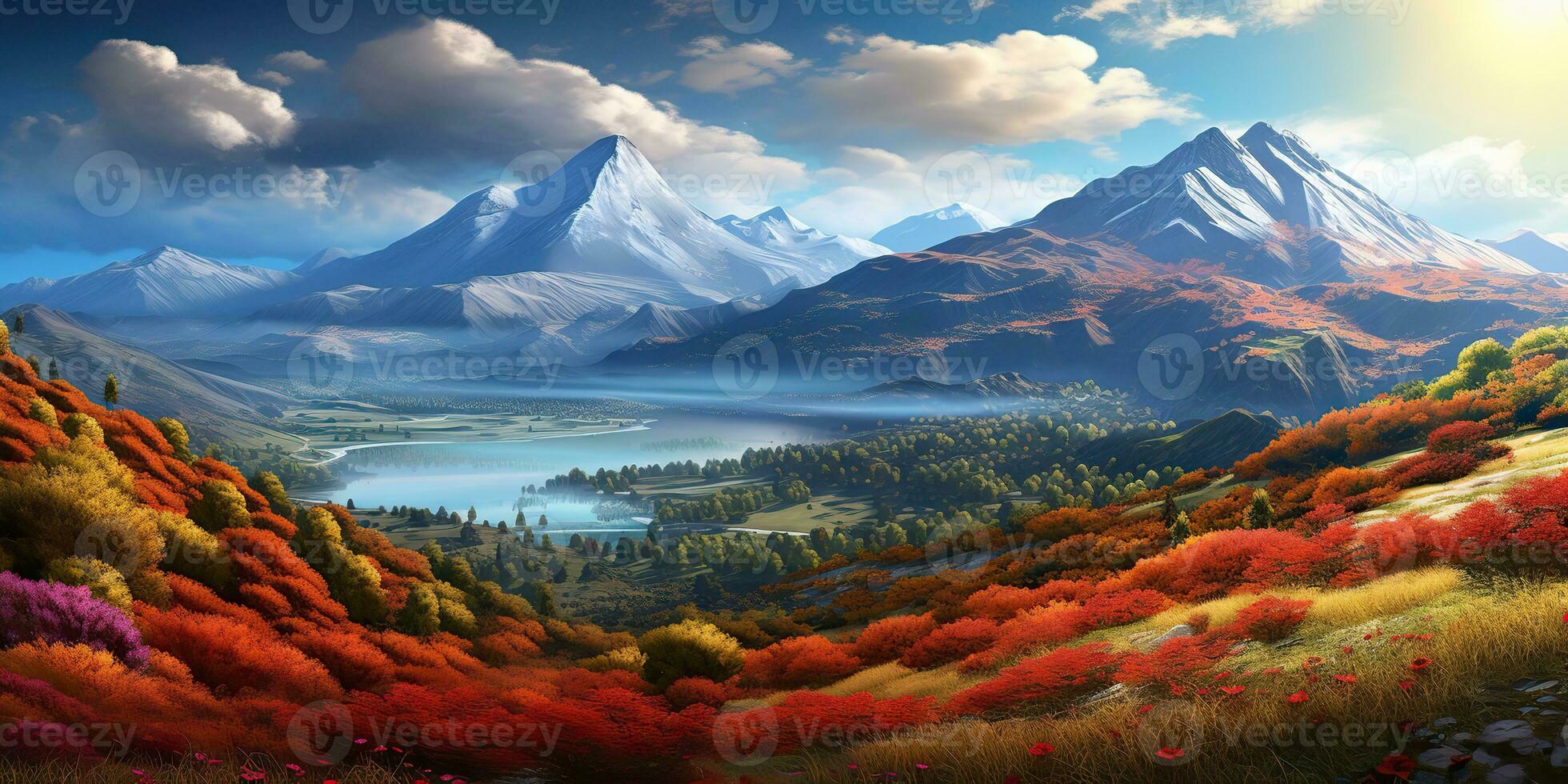 AI Generated. AI Generative. Nature outdoor fall autumn landscape background with mountains and field forest. Graphic Art photo