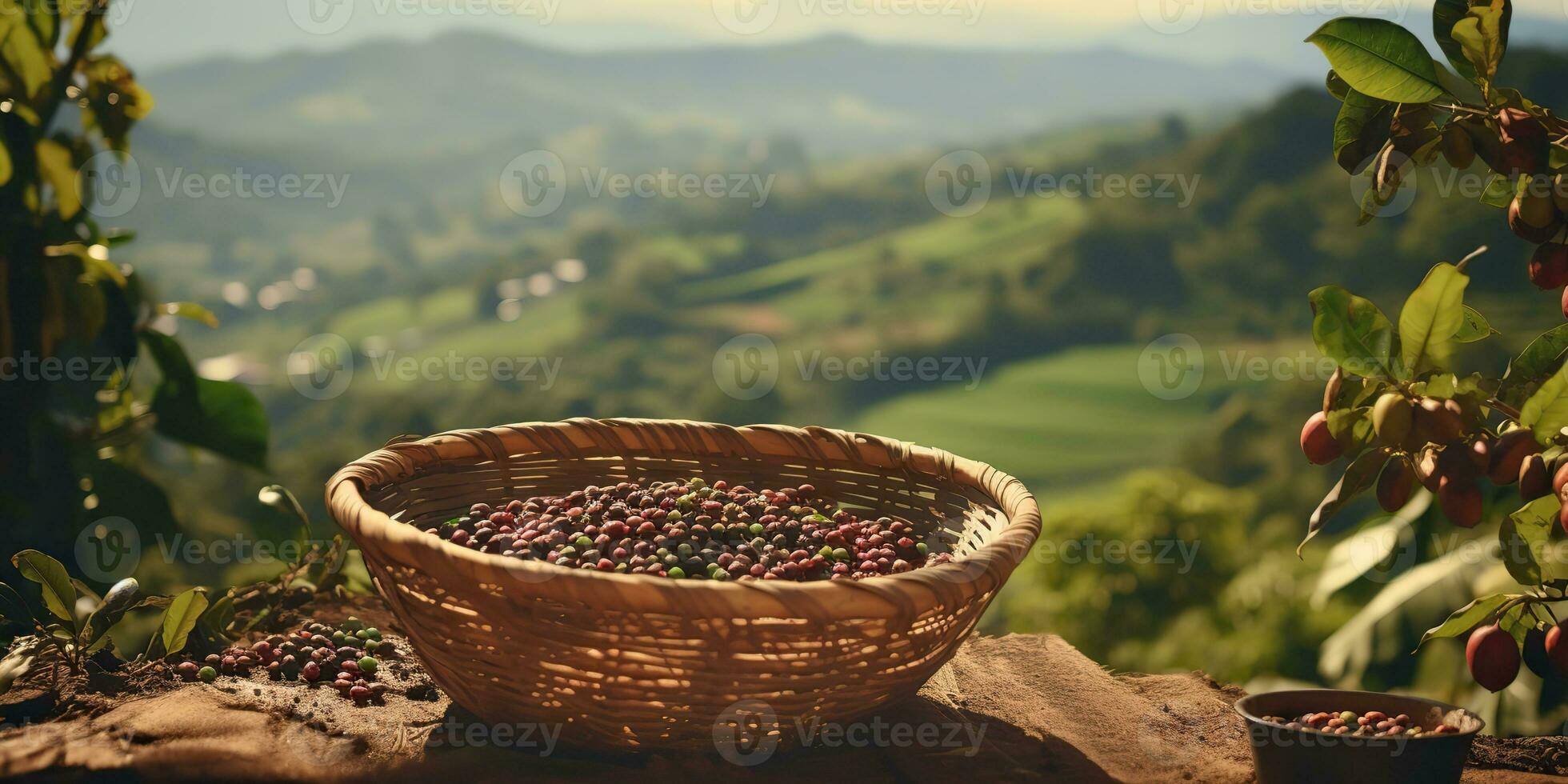AI Generated. AI Generative. Coffee beans plantation nature outdoor landscape. Graphic Art photo