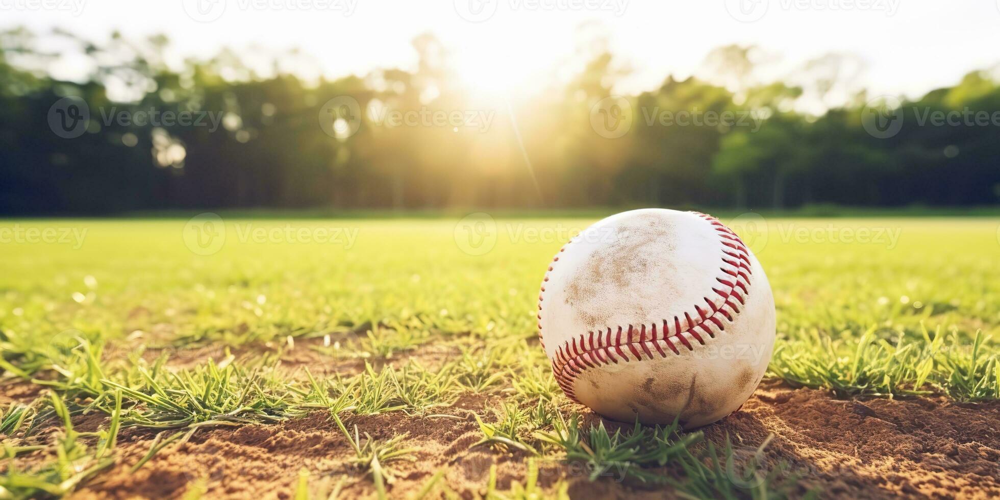 AI Generated. AI Generative. Vintage retro american traditional game sport activity baseball ball on field grass base background. Graphic Art photo