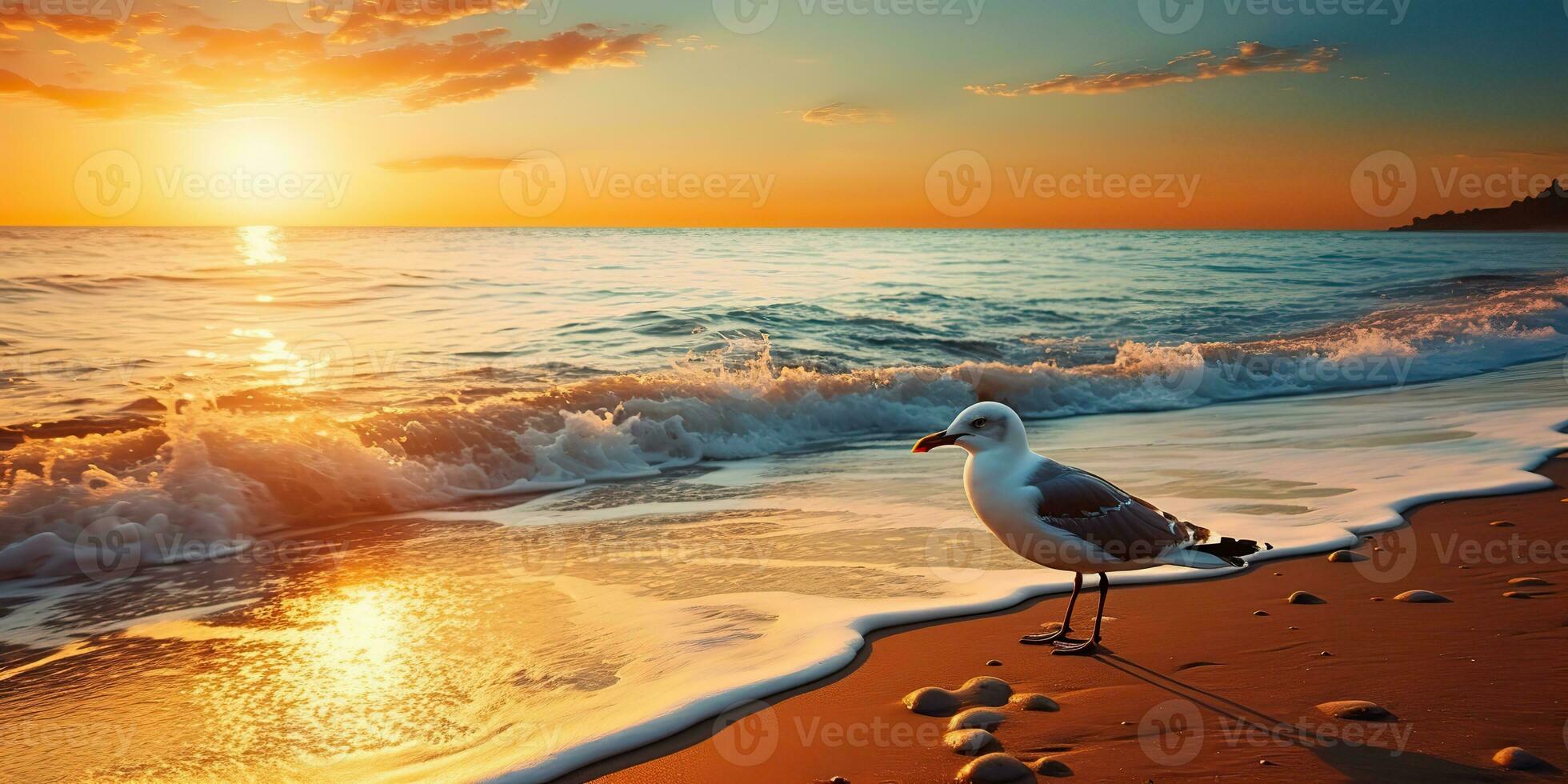 ai generado. ai generativo. hermoso mar náutico puesta de sol playa isla con Gaviota pájaro. gráfico Arte foto