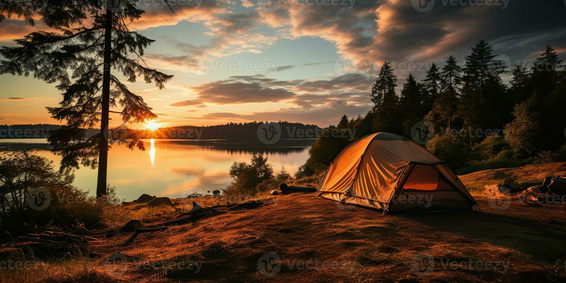 AI Generated. AI Generative. Camping relaxation time tent at lake beautiful landscape background. Adventure vacation rafting time. Graphic Art photo