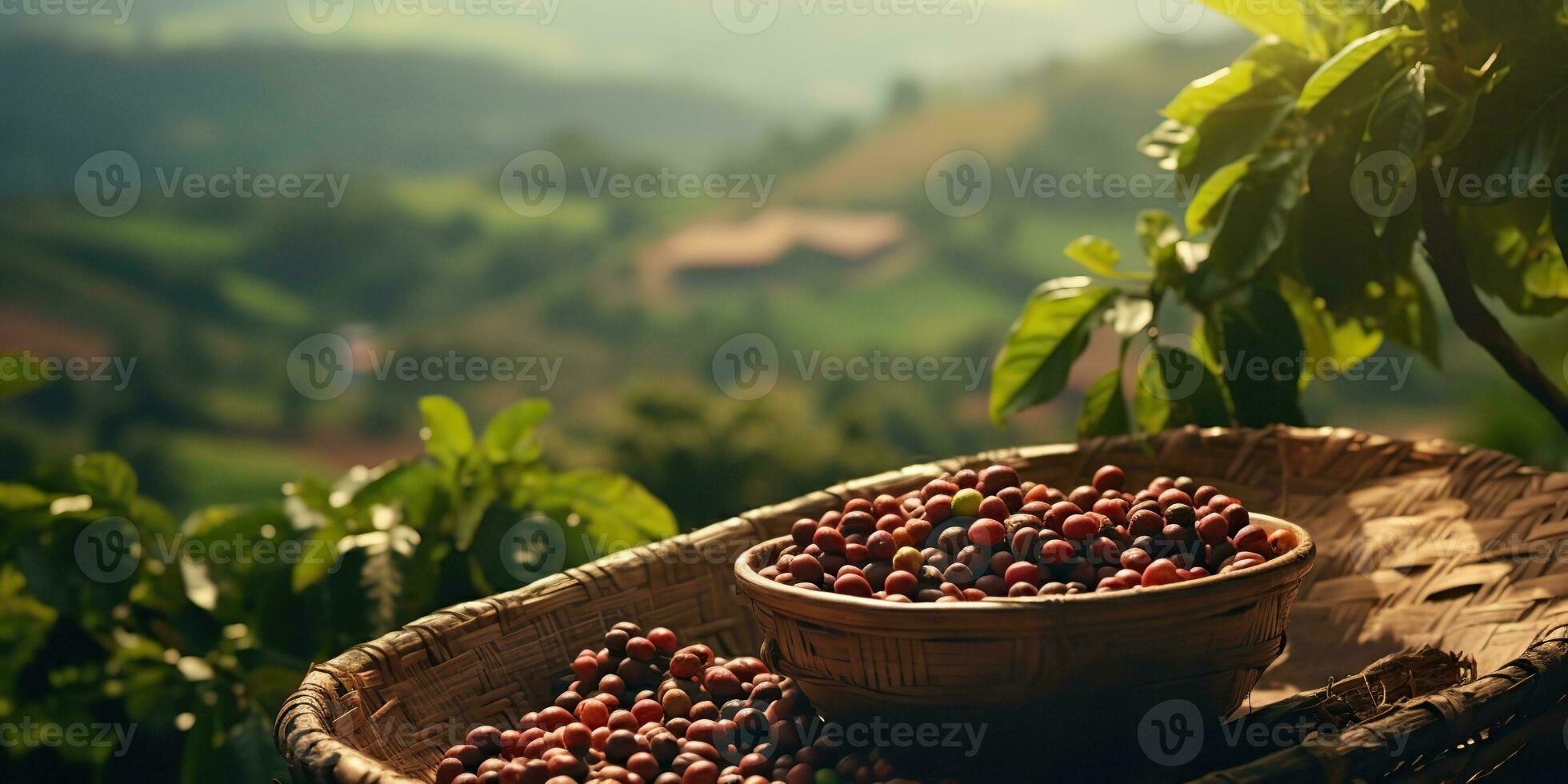 AI Generated. AI Generative. Coffee beans plantation nature outdoor landscape. Graphic Art photo