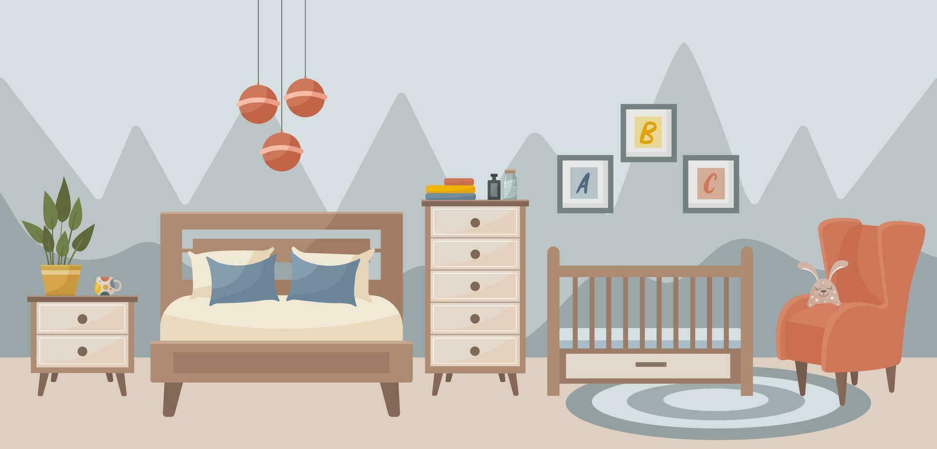 Cozy bedroom with a children's bed. Bedroom interior bed, carpet, lamp, crib, potted plants, paintings, armchair, bedside table. Interior concept. Vector flat illustration.