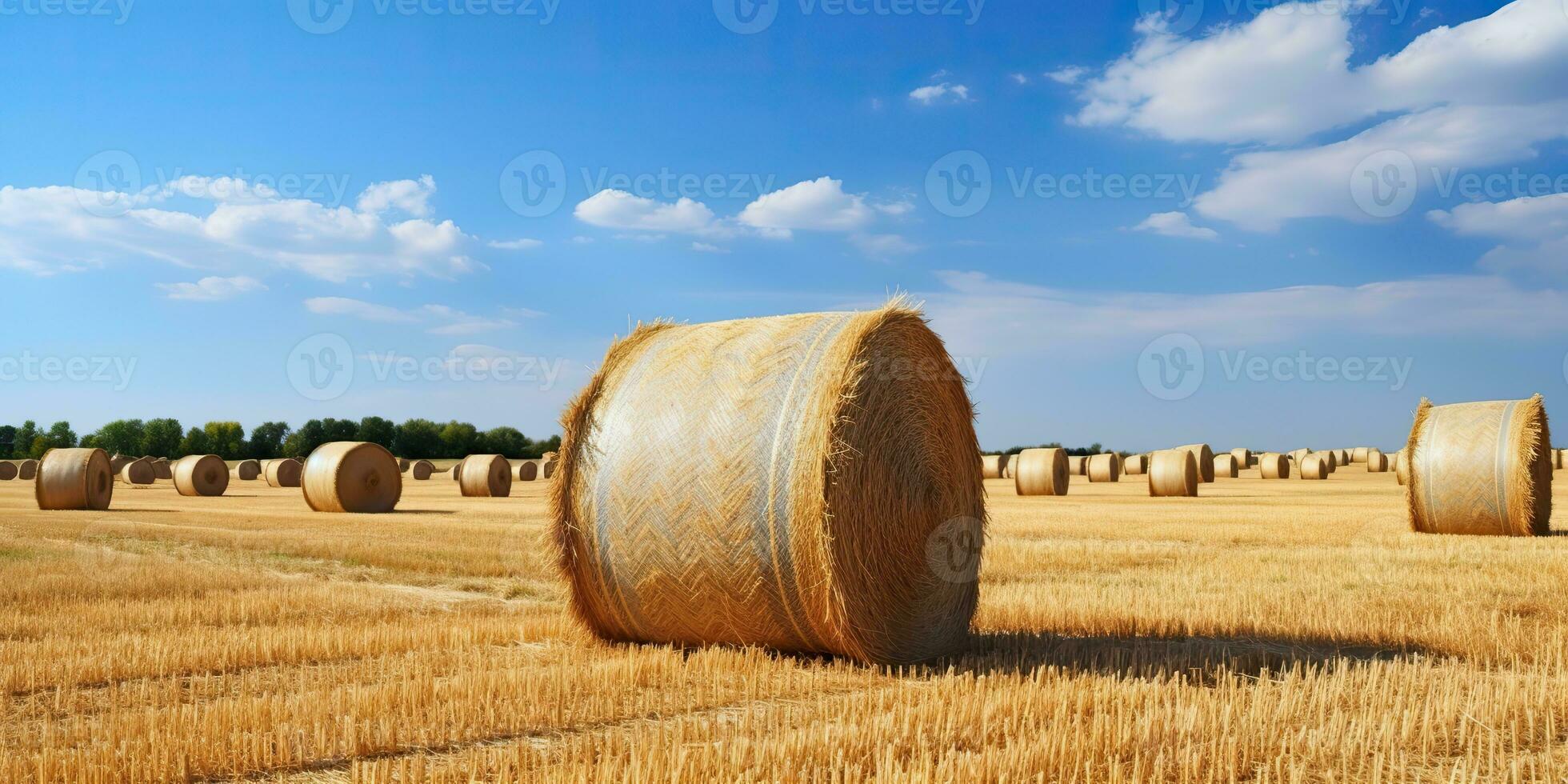 AI Generated. AI Generative. Autumn countryside harvest farming round bales stack. Outdoor nature landscape. Graphic Art photo