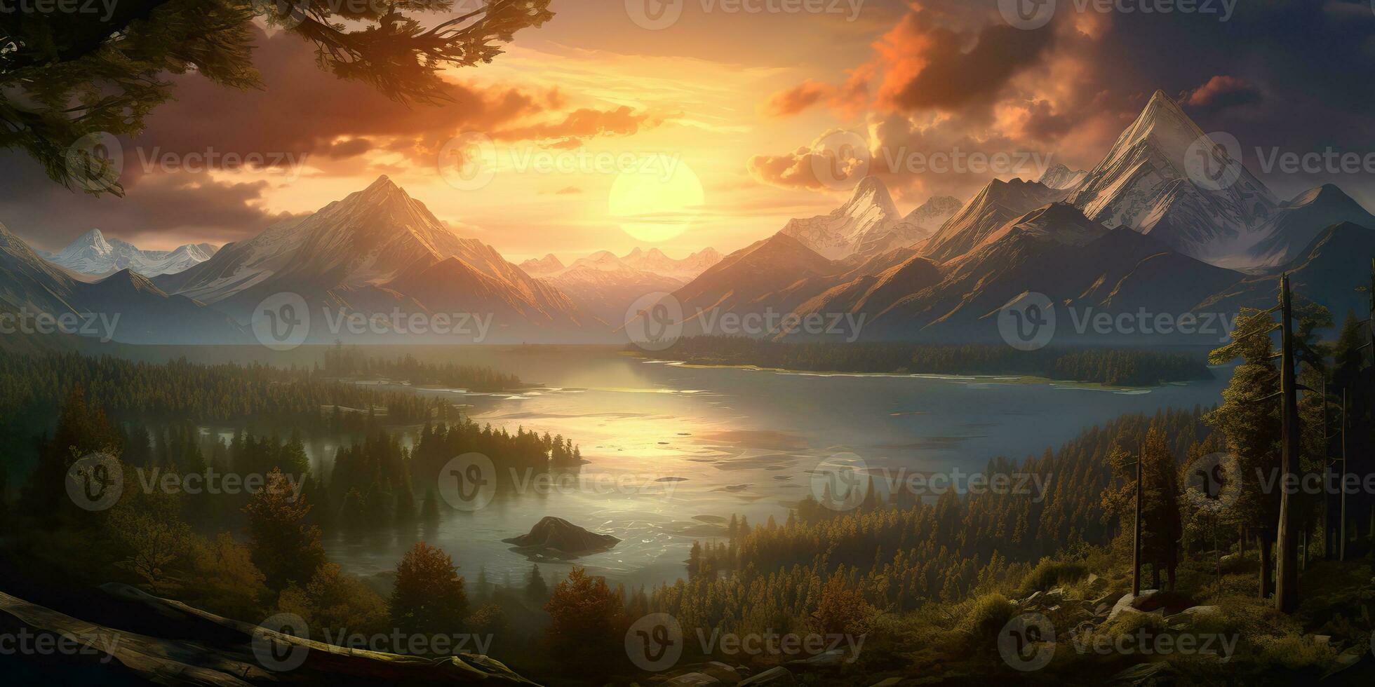 AI Generated. AI Generative. Beautiful nature outdoor landscape background. Lake river forest and mountain view. Adventure explore vibe. Graphic Art photo
